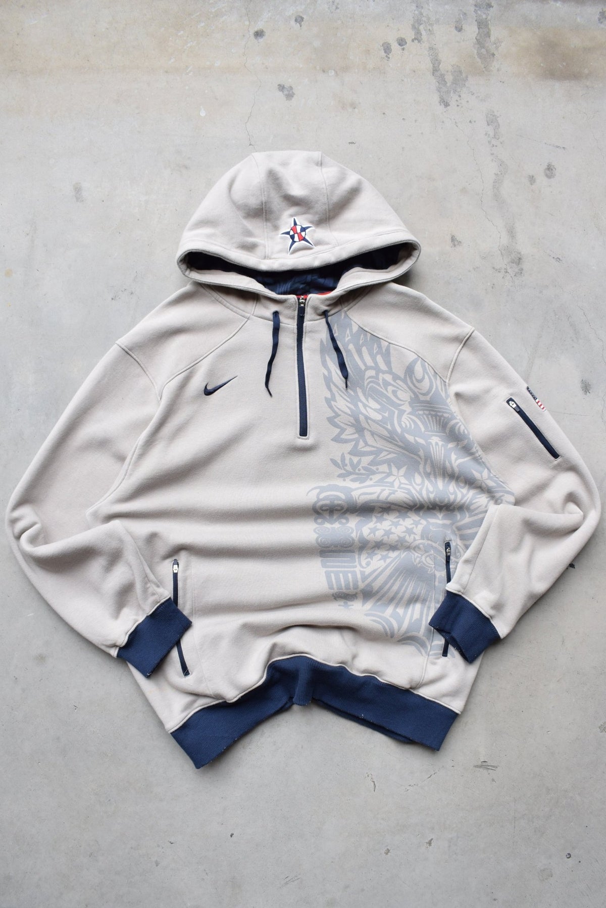 Nike x Team USA Stone-Grey Embroidered Quarter Zip Hoodie — 2000s (XXL) - Retrospective Store