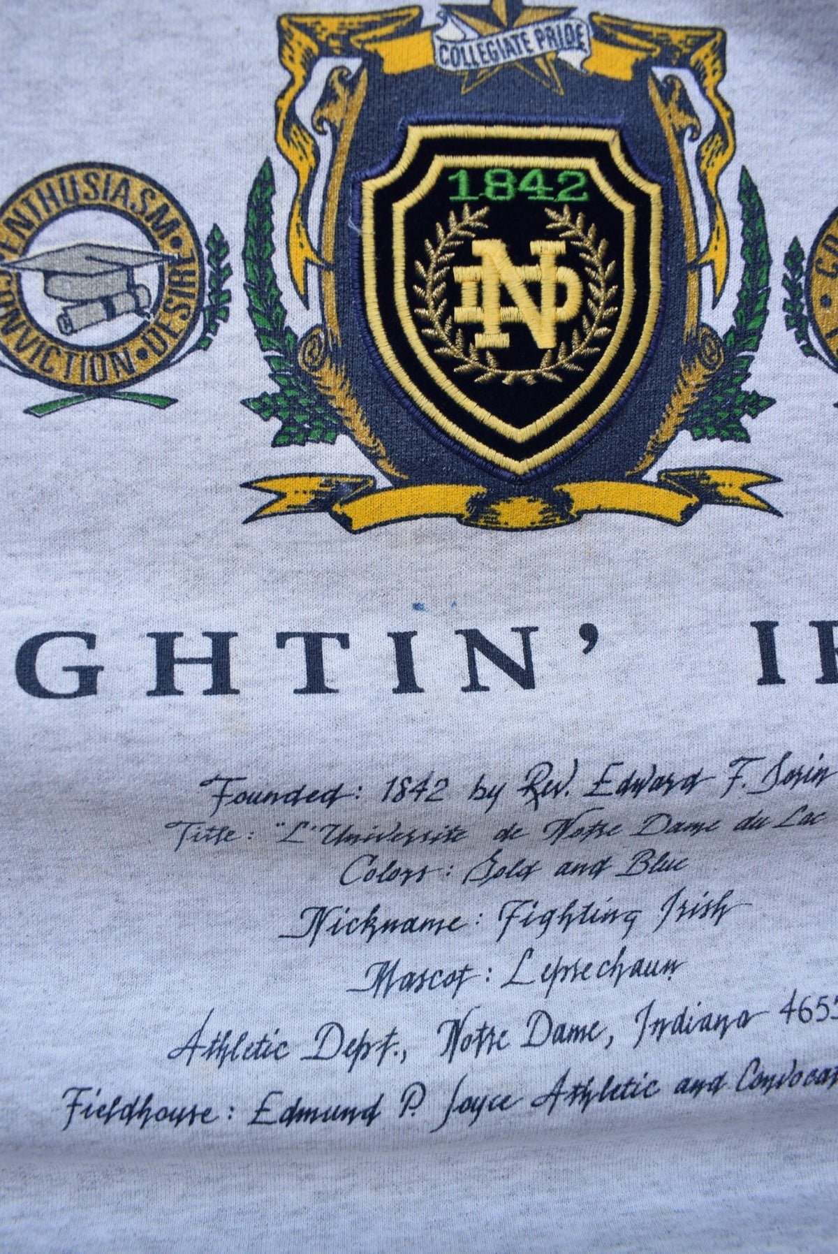 Nutmeg x University of Notre Dame Grey Embroidered Crewneck — 1990s (M) - Retrospective Store