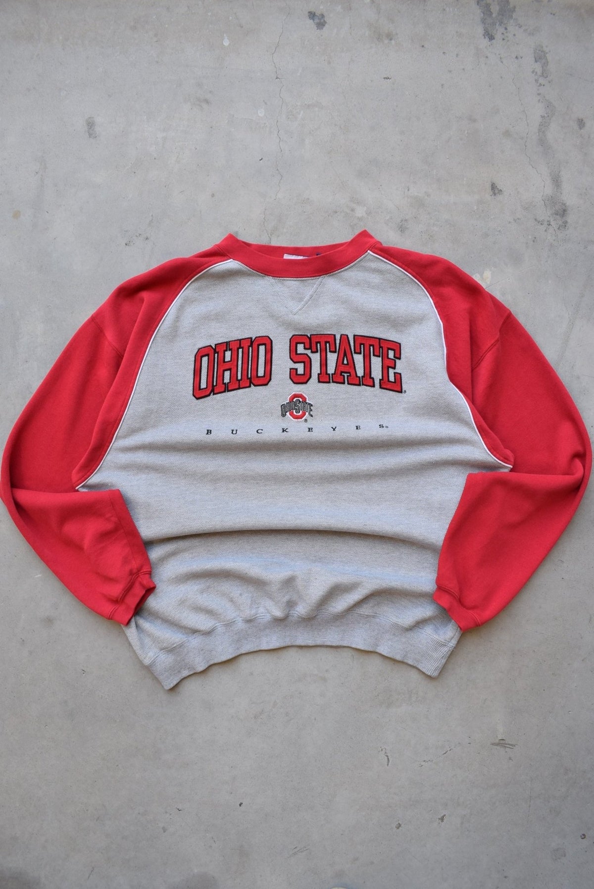 Ohio State University Buckeyes Grey & Red Embroidered Spellout Crewneck — 2000s (XL) - Retrospective Store