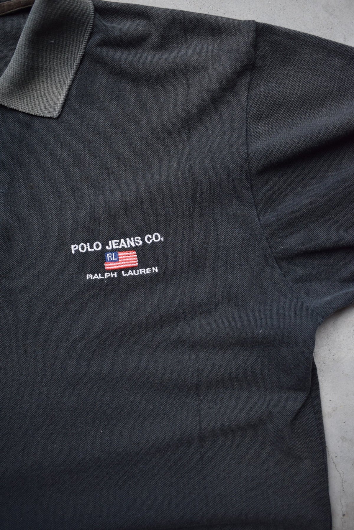 Polo Jeans Co. Ralph Lauren Black Embroidered Spellout Polo — 1990s (L) - Retrospective Store