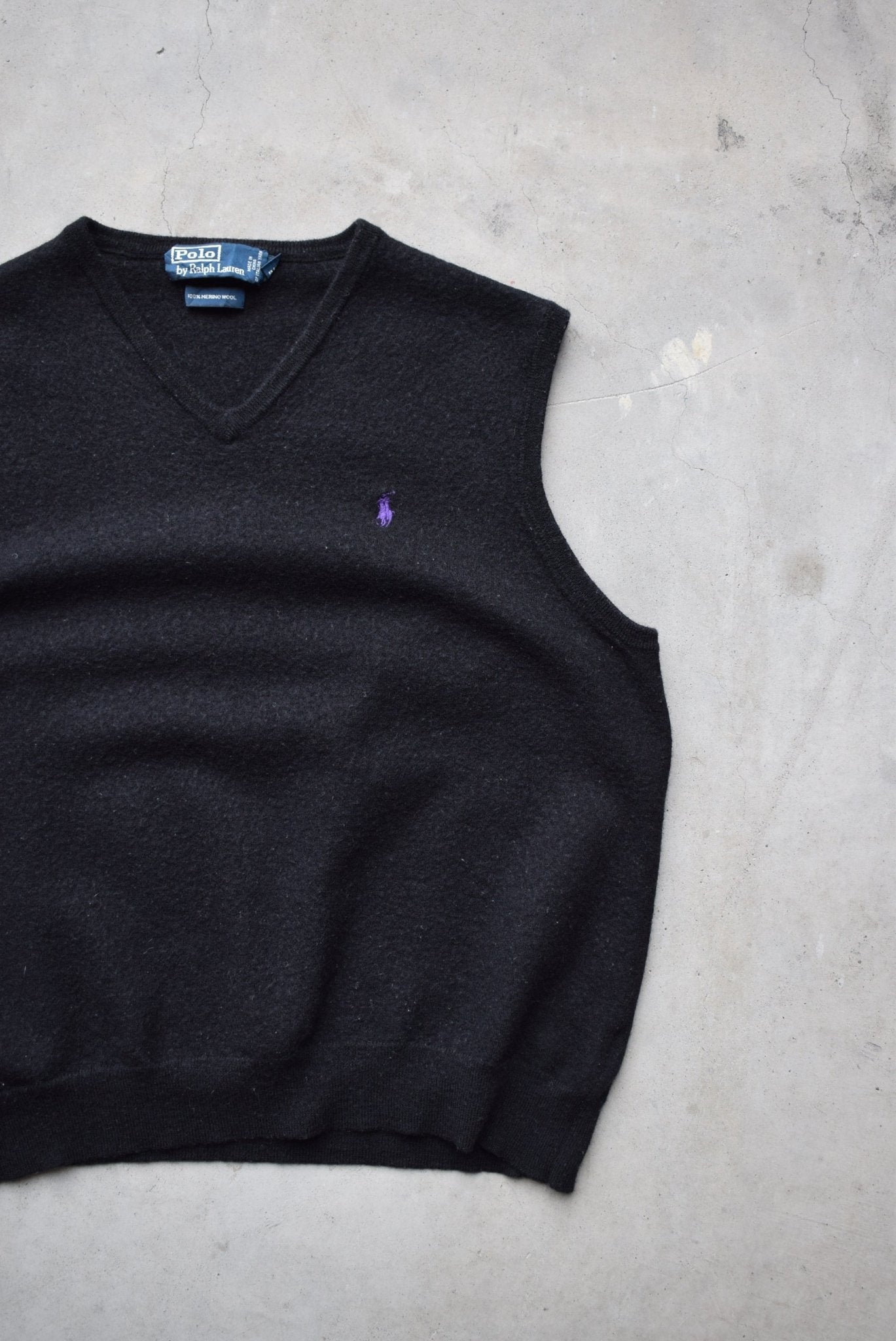 Polo Ralph Lauren Black 100% Wool Embroidered Vest — 1990s (S/M) - Retrospective Store