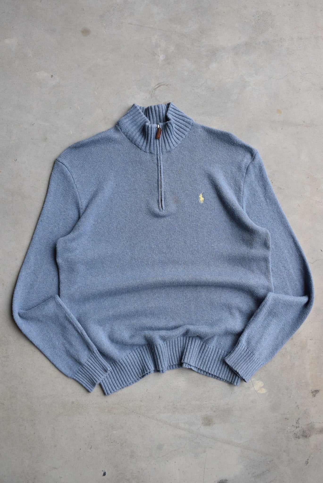 Polo Ralph Lauren Blue Embroidered Knitted Quarter Zip — 1990s (M/L) - Retrospective Store