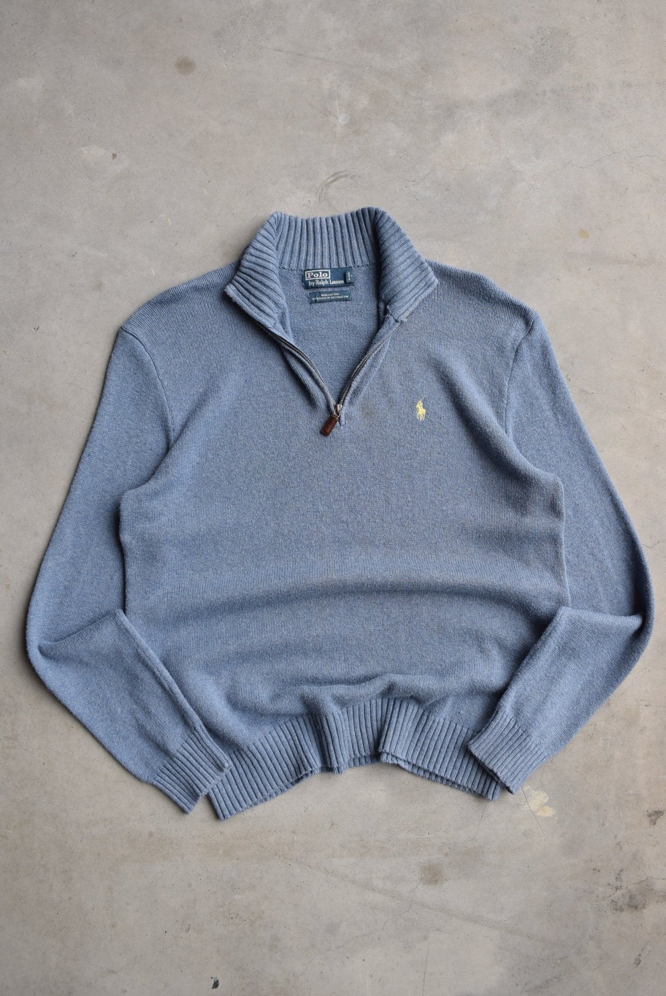 Polo Ralph Lauren Blue Embroidered Knitted Quarter Zip — 1990s (M/L) - Retrospective Store