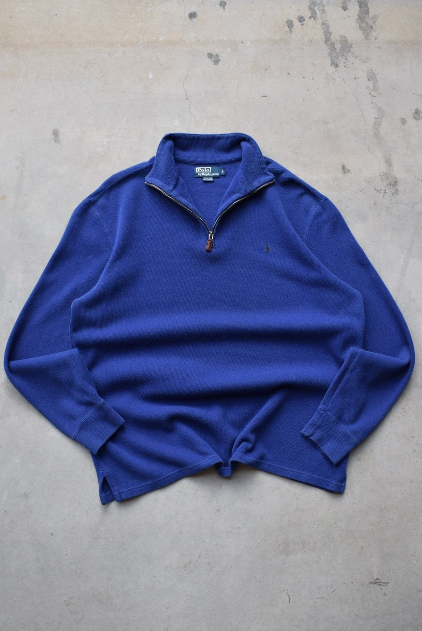 Polo Ralph Lauren Blue Embroidered Logo Quarter Zip — 1990s (L/XL) - Retrospective Store