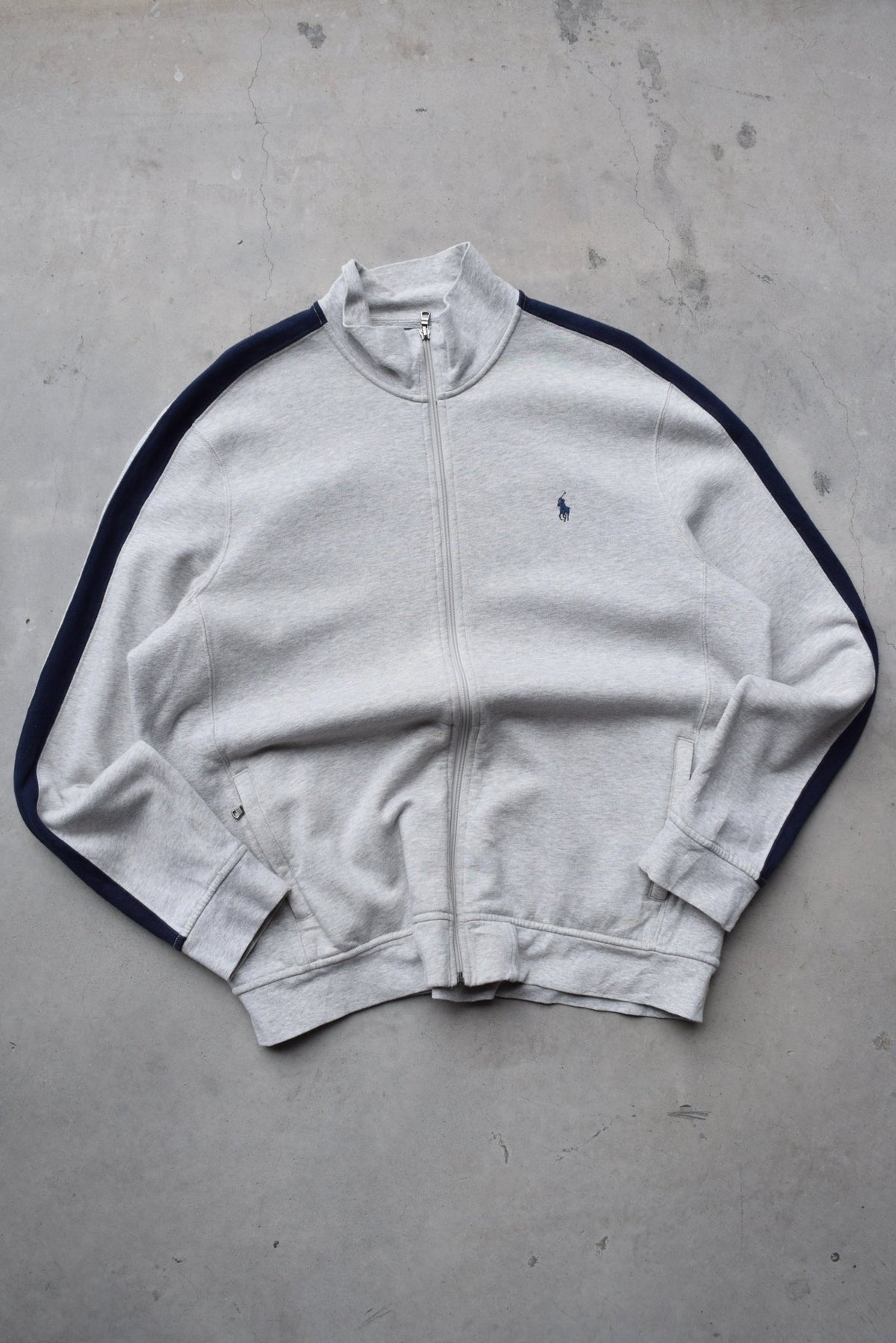 Polo Ralph Lauren Grey & Navy Embroidered Logo Jacket — 1990s (XXL) - Retrospective Store