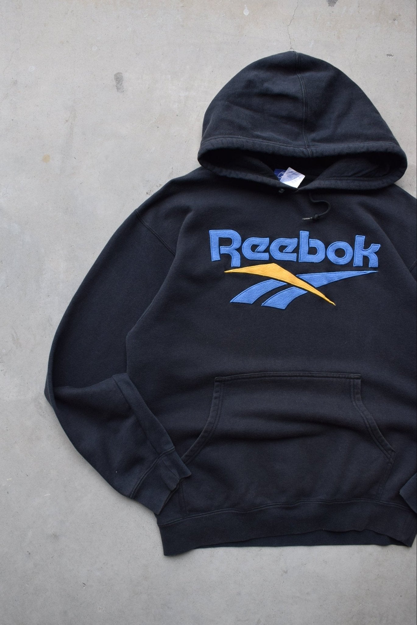 Reebok Black Embroidered Spellout Hoodie — 1990s (M) - Retrospective Store