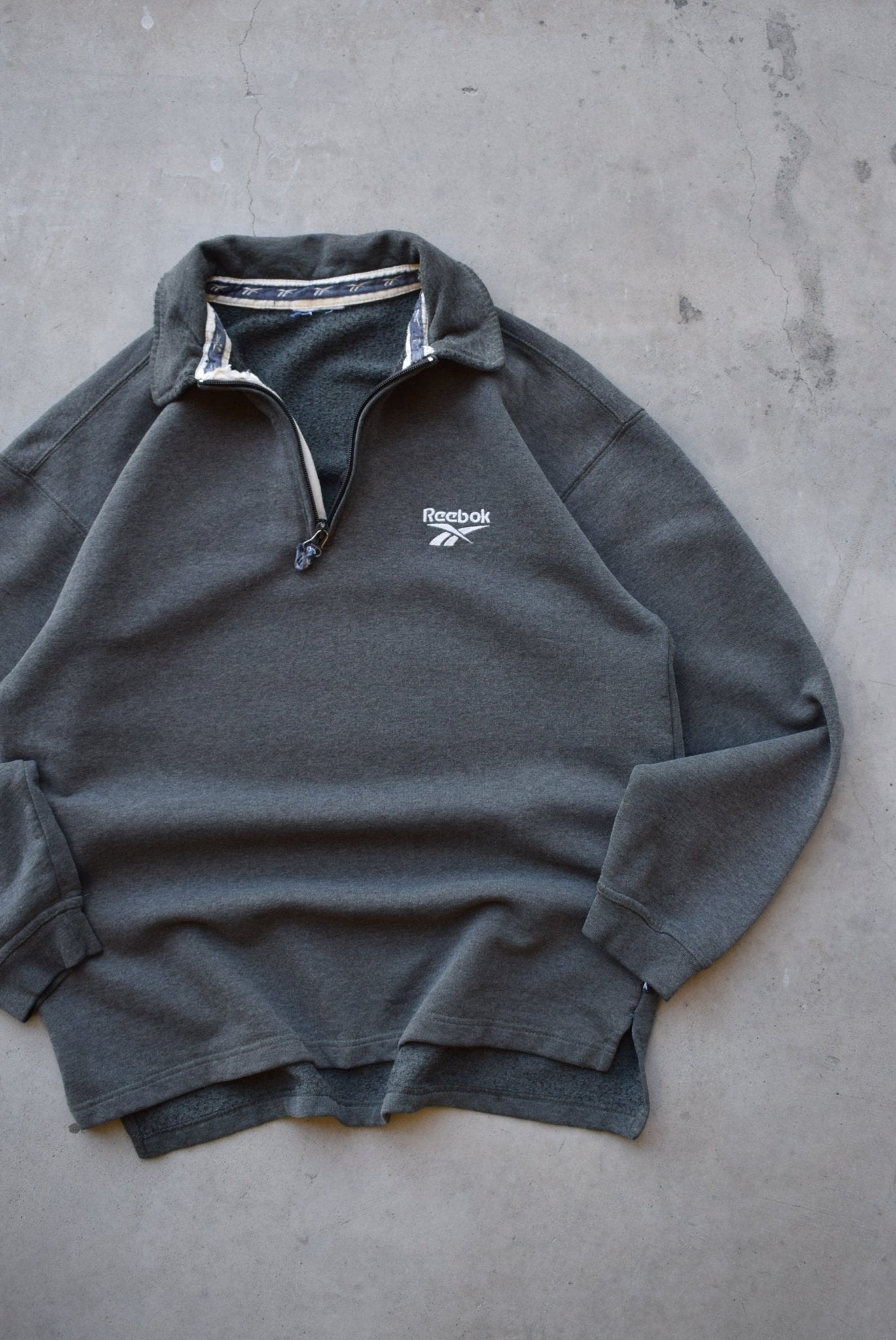 Reebok Charcoal Embroidered Spellout Quarter Zip — 1990s (S) - Retrospective Store