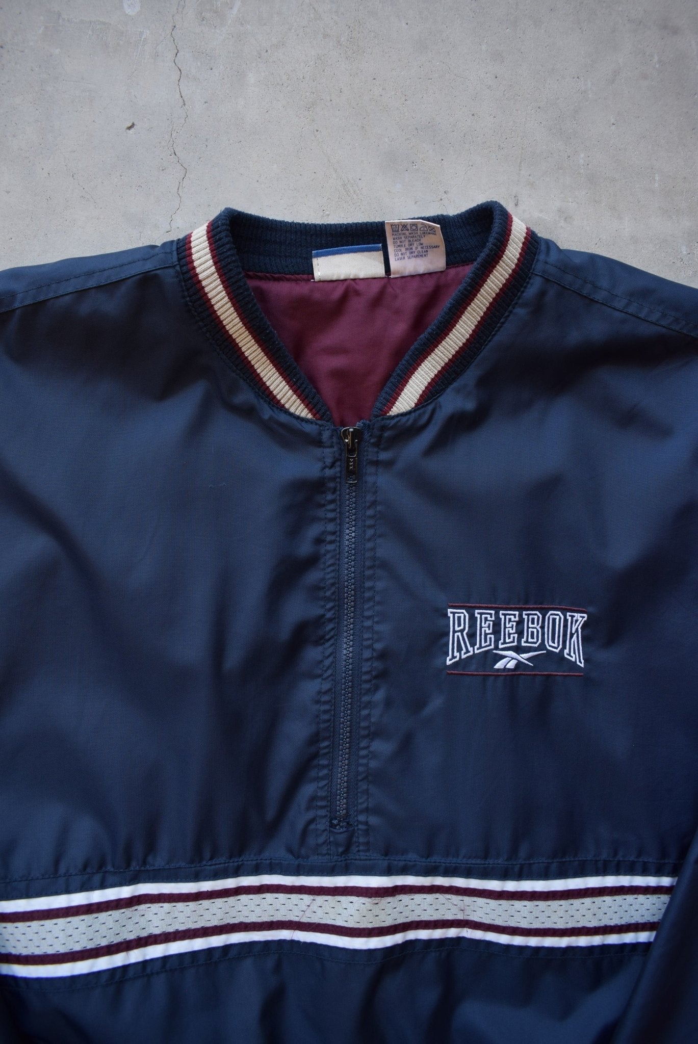 Reebok Navy Embroidered Spellout Half-Zip Jacket — 1990s (XL) - Retrospective Store