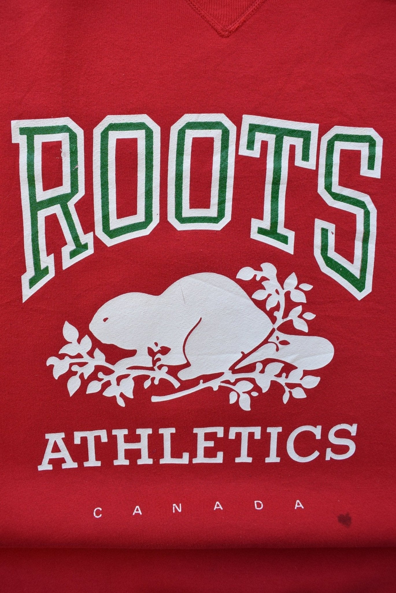Russell x Roots Athletics Red Graphic Crewneck — 1990s (L) - Retrospective Store
