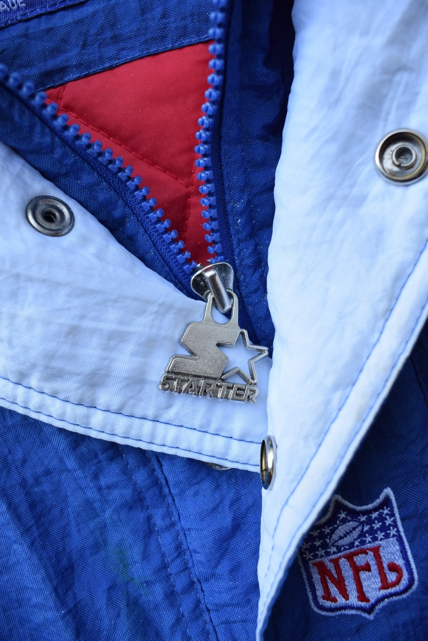 Starter x NFL New York Giants Blue & Red Heavyweight Quarter Zip Jacket — 1990s (L/XL) - Retrospective Store