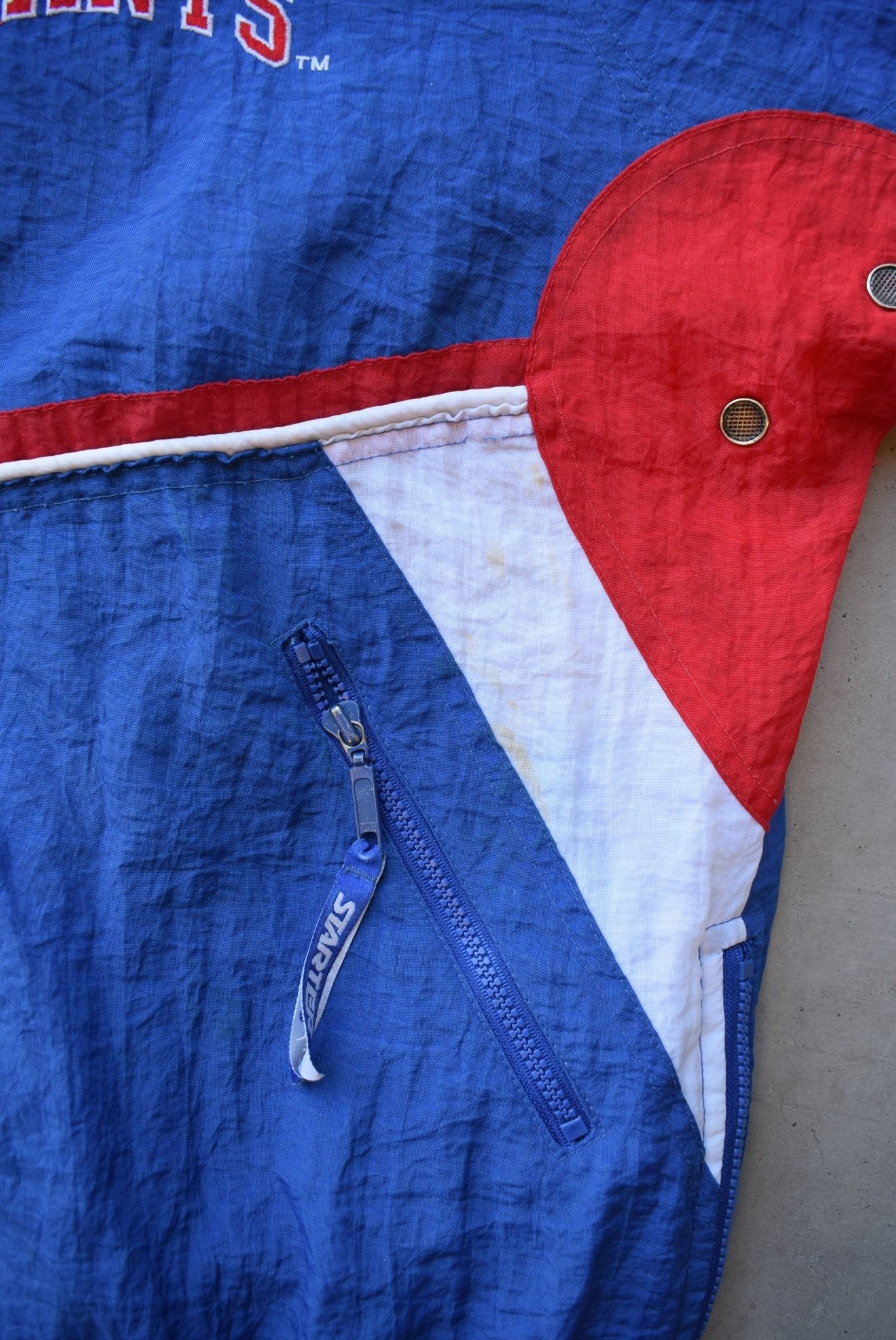 Starter x NFL New York Giants Blue & Red Heavyweight Quarter Zip Jacket — 1990s (L/XL) - Retrospective Store