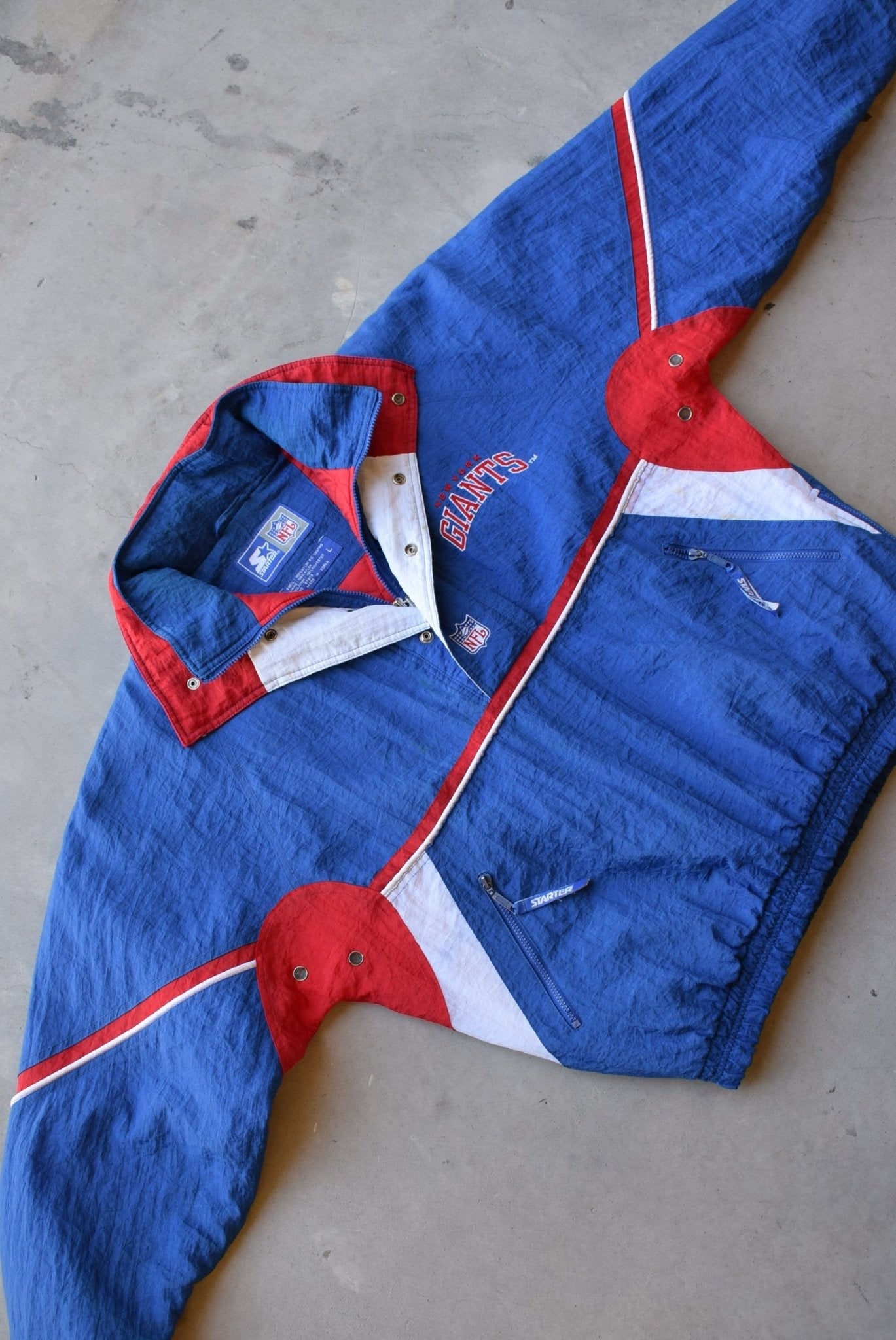 Starter x NFL New York Giants Blue & Red Heavyweight Quarter Zip Jacket — 1990s (L/XL) - Retrospective Store