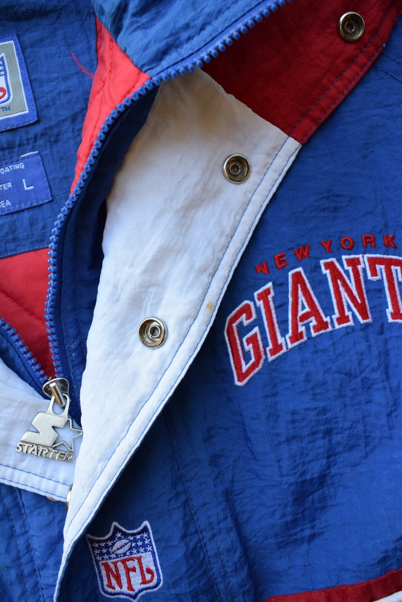 Starter x NFL New York Giants Blue & Red Heavyweight Quarter Zip Jacket — 1990s (L/XL) - Retrospective Store