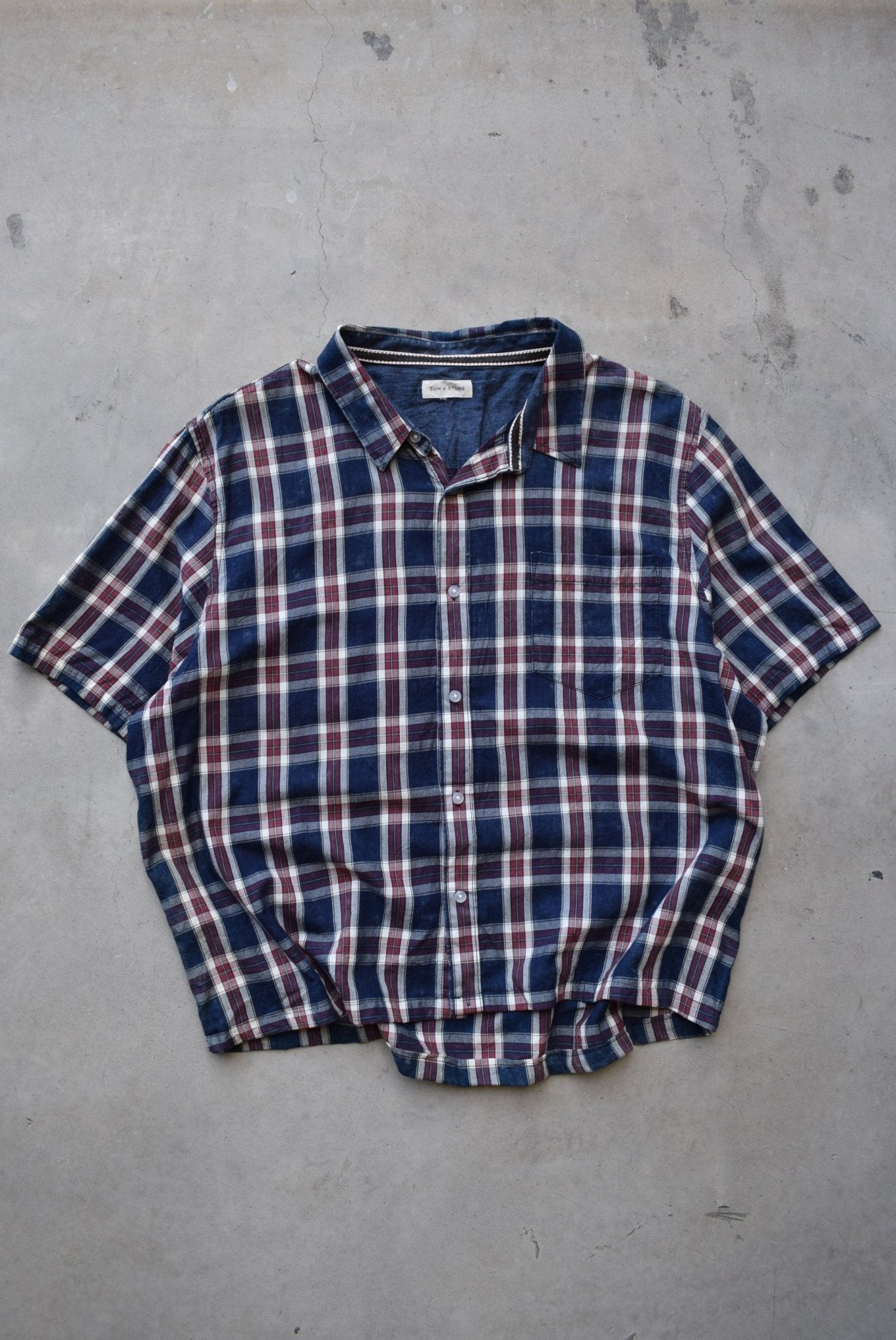Sun Stone Navy & Burgundy Cropped Button Up — 2000s (L/XL) - Retrospective Store