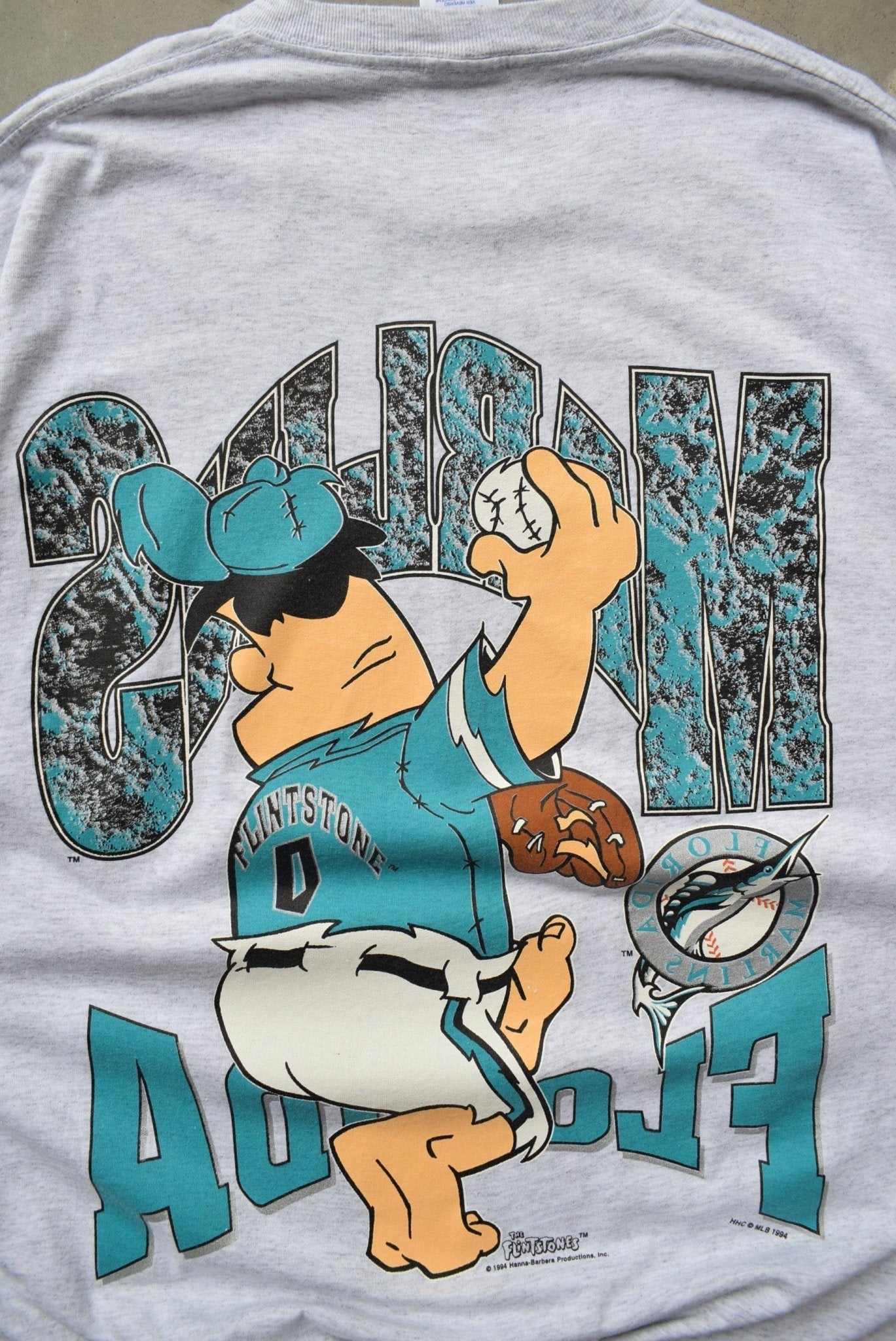 The Flintstones x MLB Florida Marlins Grey Graphic Tee — 1994 (XL/XXL) - Retrospective Store
