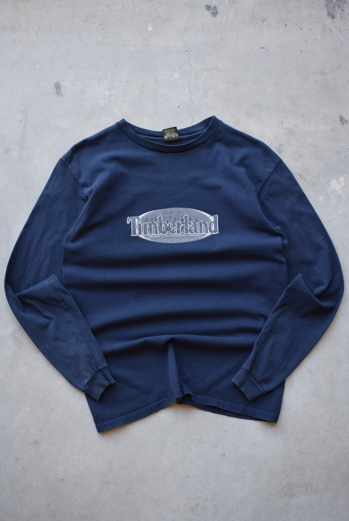 Timberland Navy Spellout Long Sleeve Tee — 1990s (S) - Retrospective Store