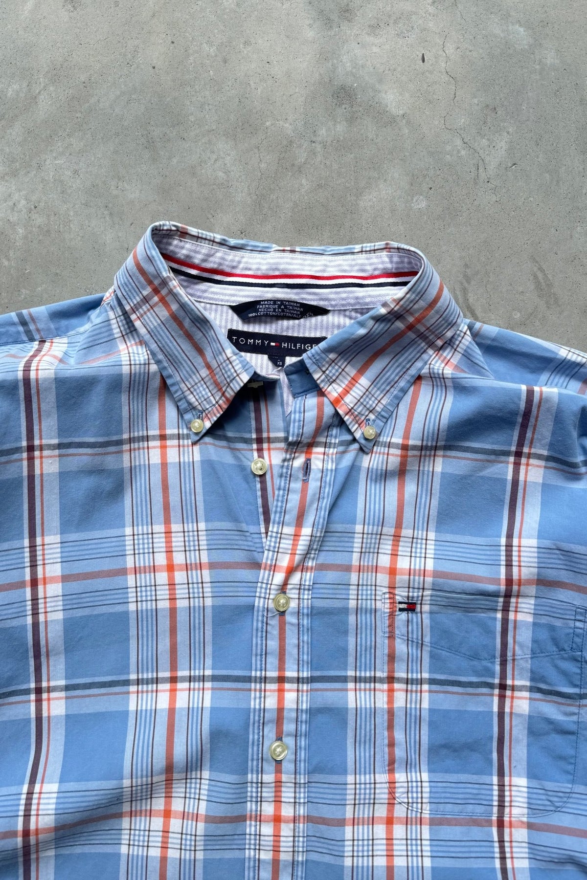 Tommy Hilfiger Blue & Red Cropped Long Sleeve Button Up — 2000s (L/XL) - Retrospective Store