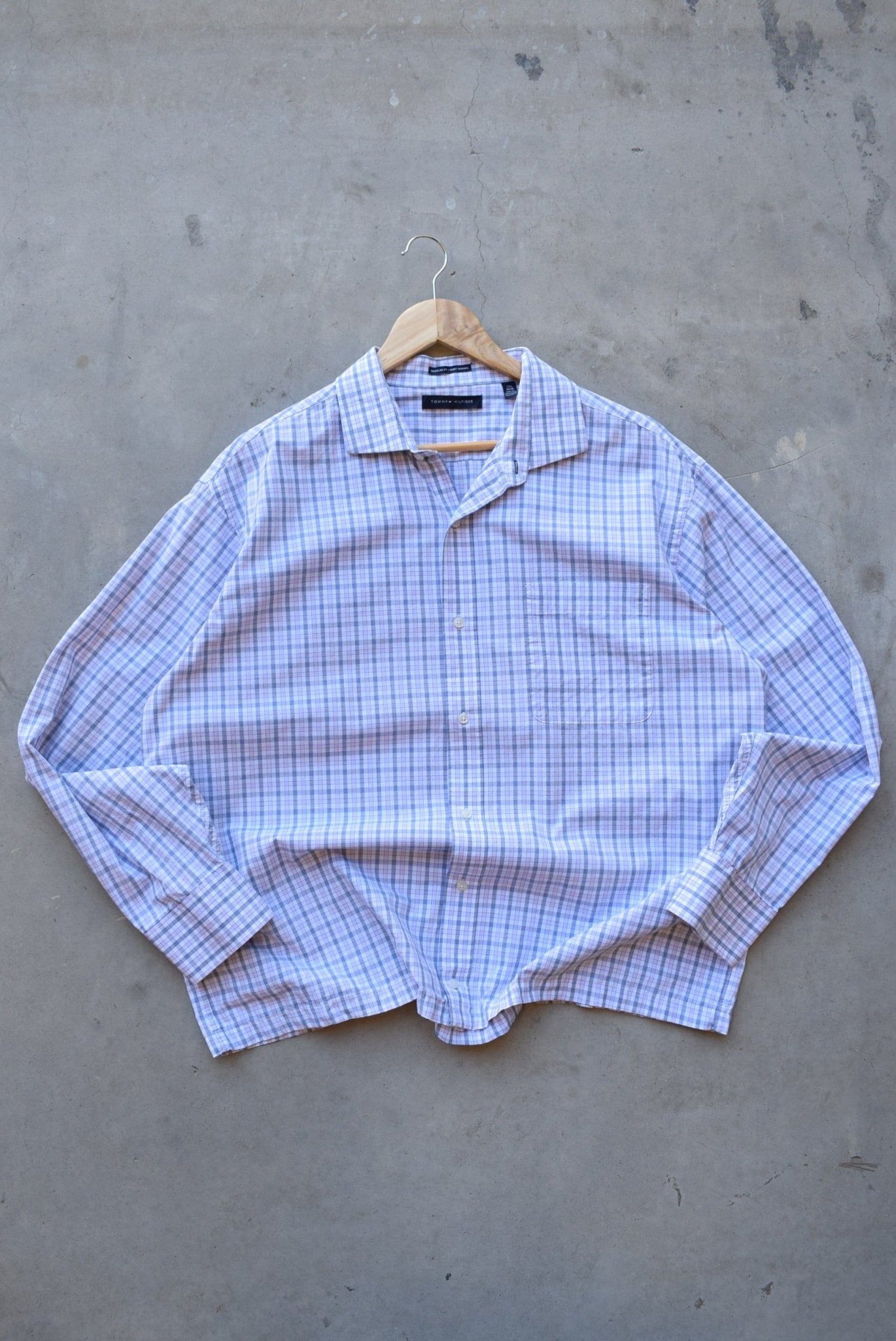 Tommy Hilfiger White & Purple Cropped Long Sleeve Button Up — 2000s (L) - Retrospective Store