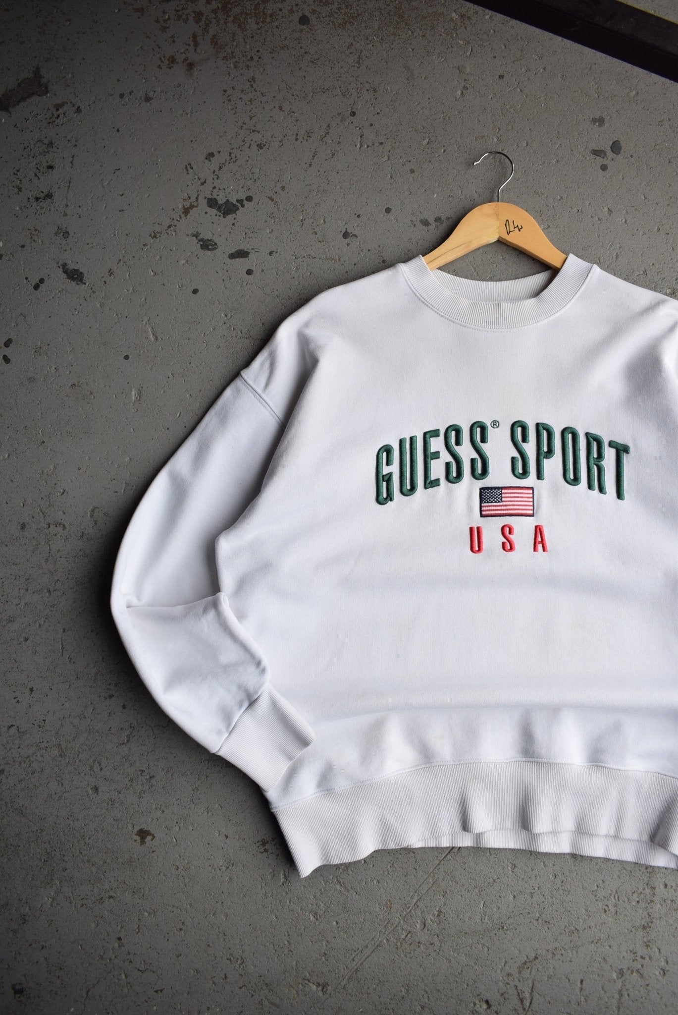 Vintage 90s Guess Sport USA Embroidered Spellout Crewneck (L) - Retrospective Store