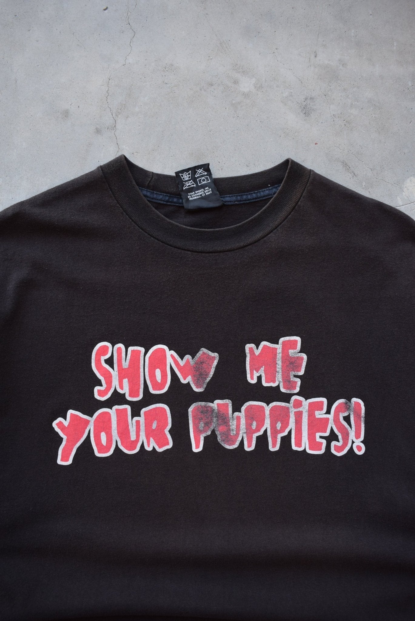 WWF Jerry Lawler 'Show Me Your Puppies!' Black Graphic Tee — 1995 (XL) - Retrospective Store
