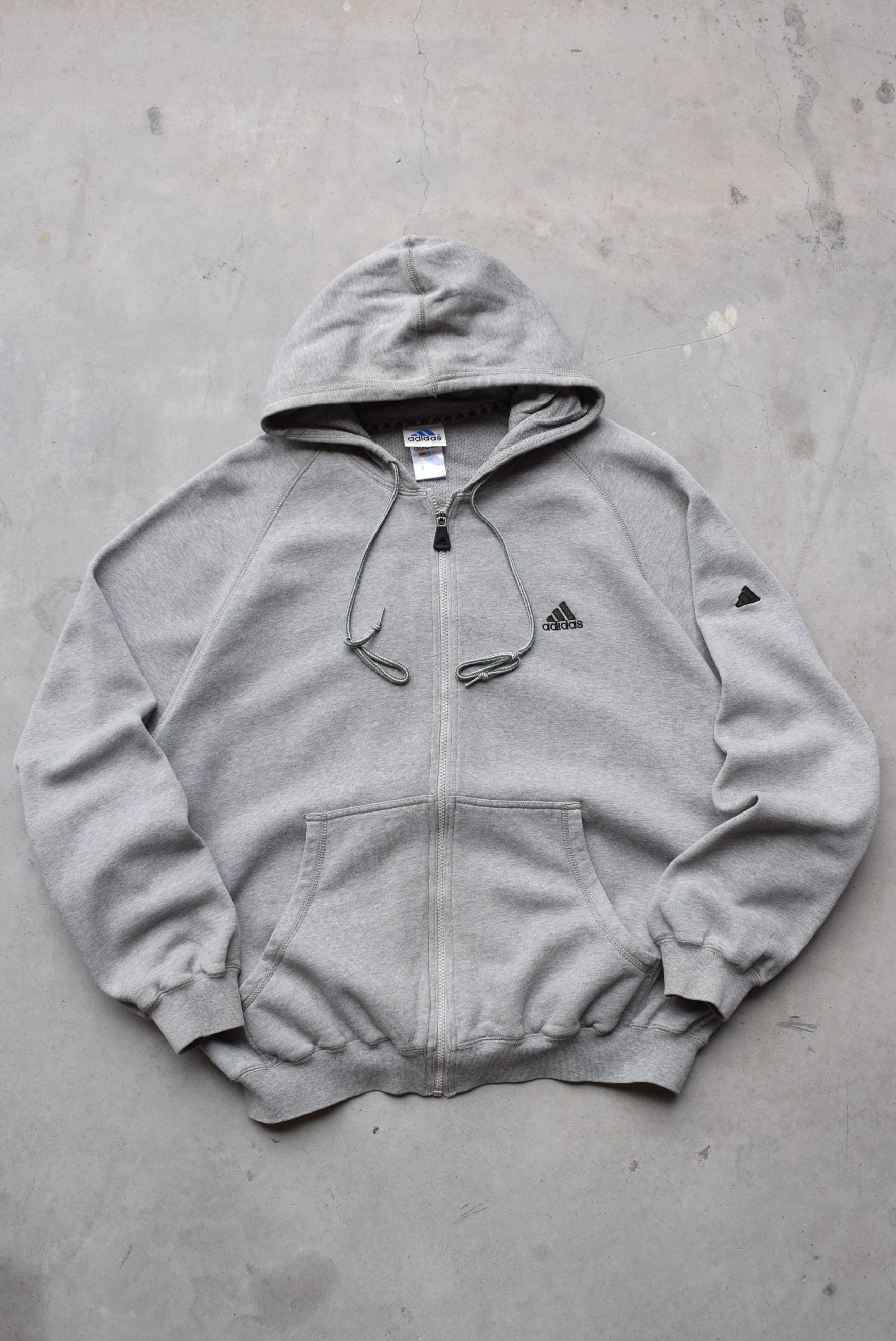 Adidas Grey Embroidered Spellout Full-Zip Hoodie — 1990s (XL