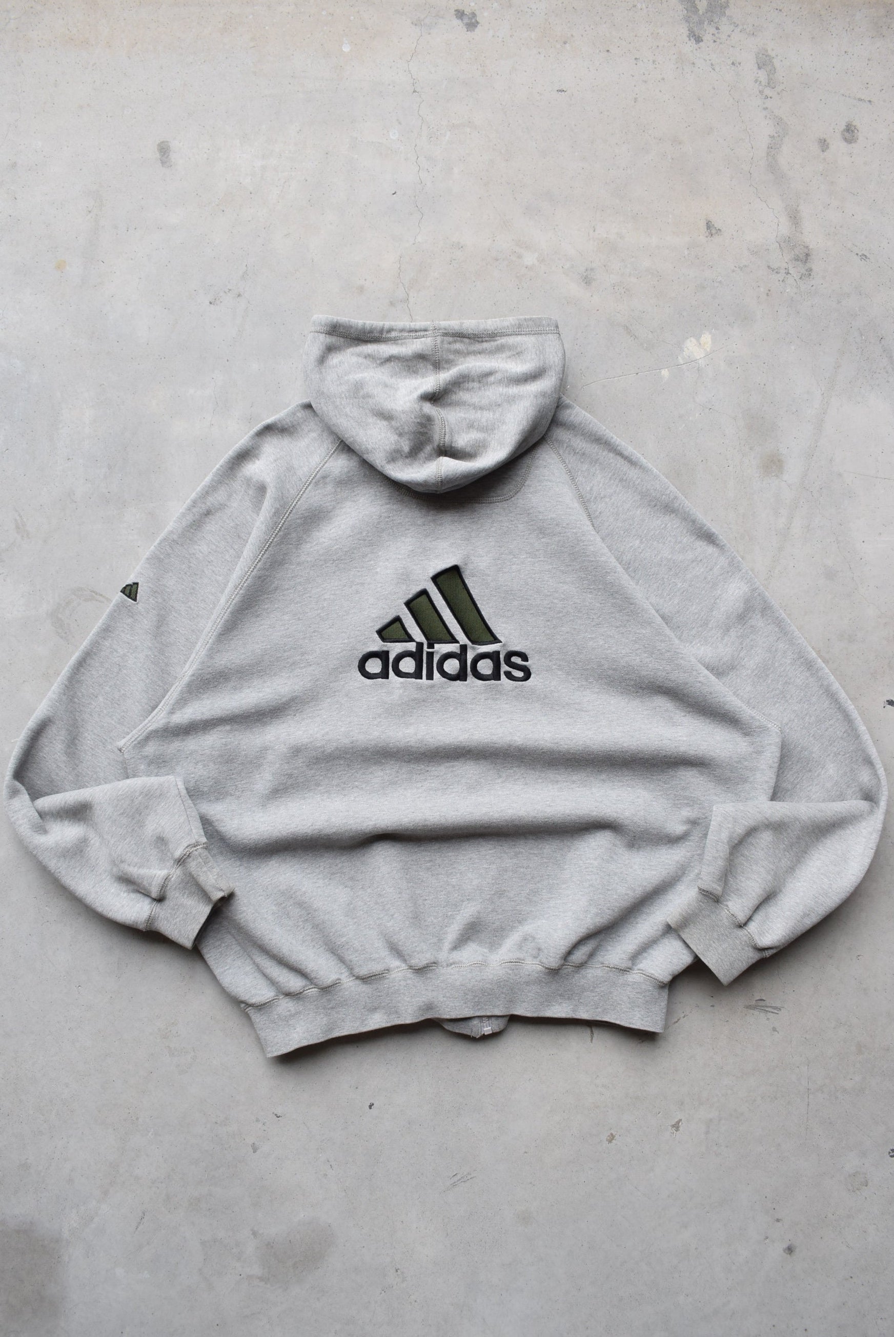 Adidas Grey Embroidered Spellout Full-Zip Hoodie — 1990s (XL