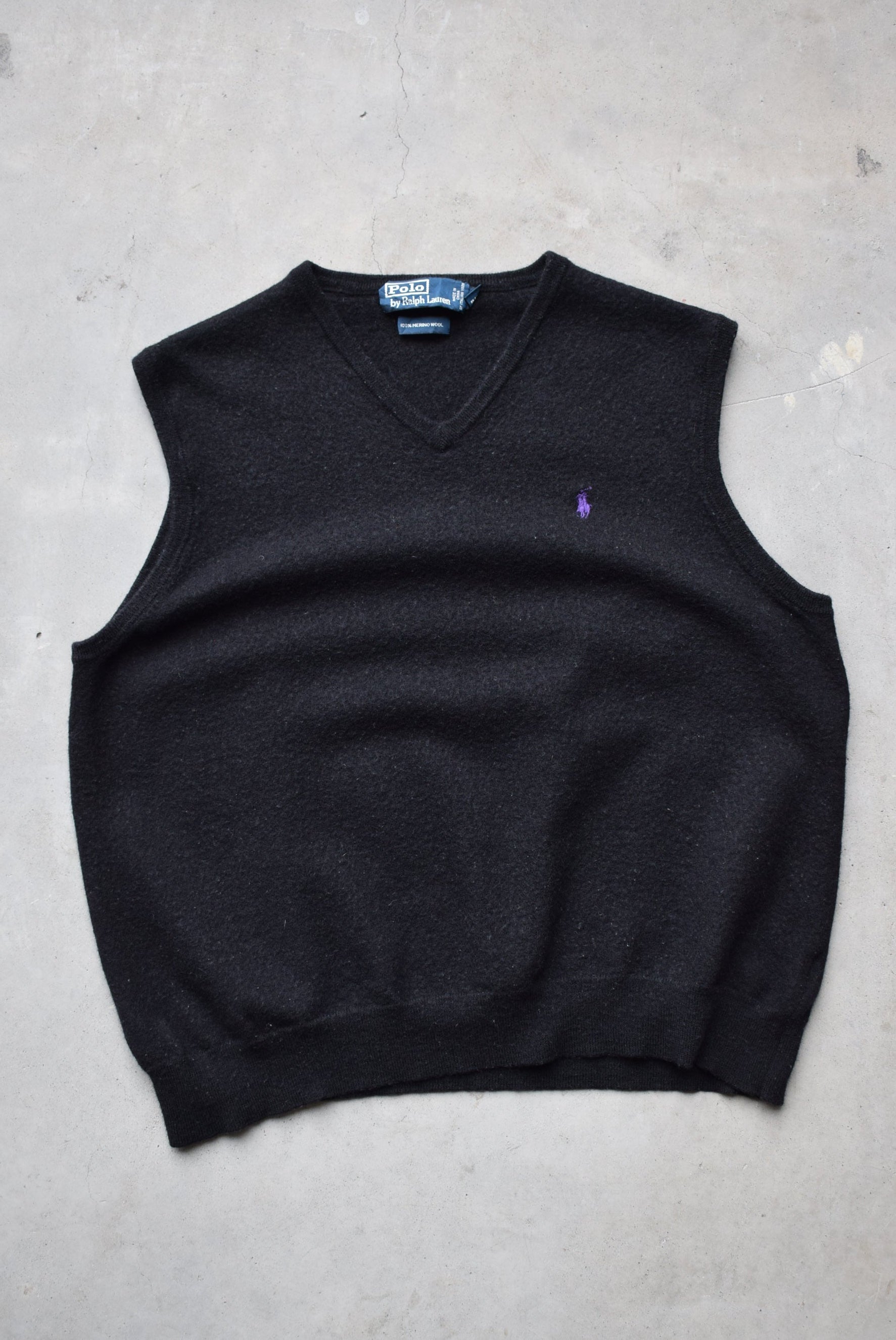Polo Ralph Lauren Black 100% Wool Embroidered Vest — 1990s (S/M