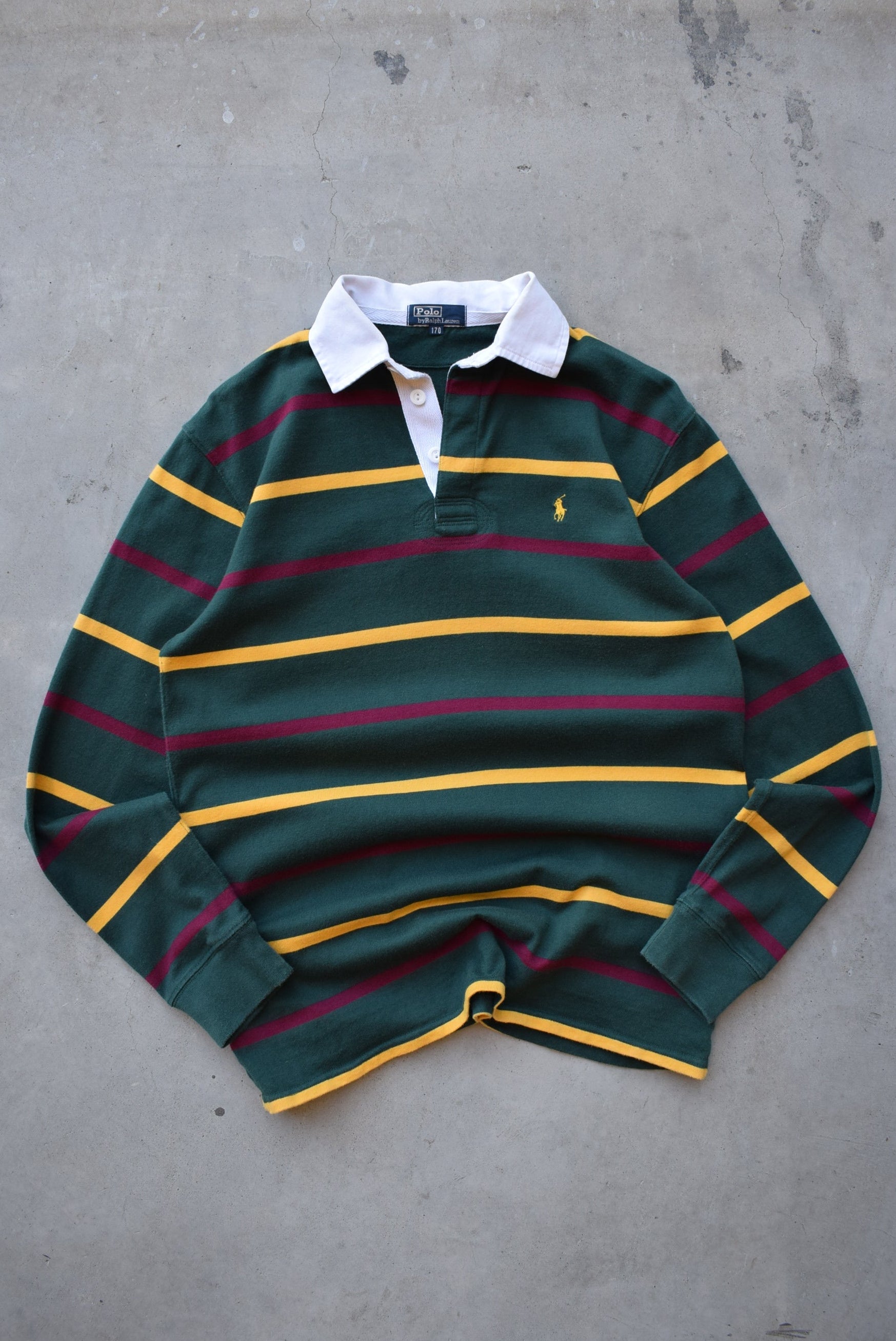 90s polo rugby ralph lauren スタジャン 緑 ダメージ Polo Ralph Lauren Green Embroidered Rugby Polo — 1990s (S