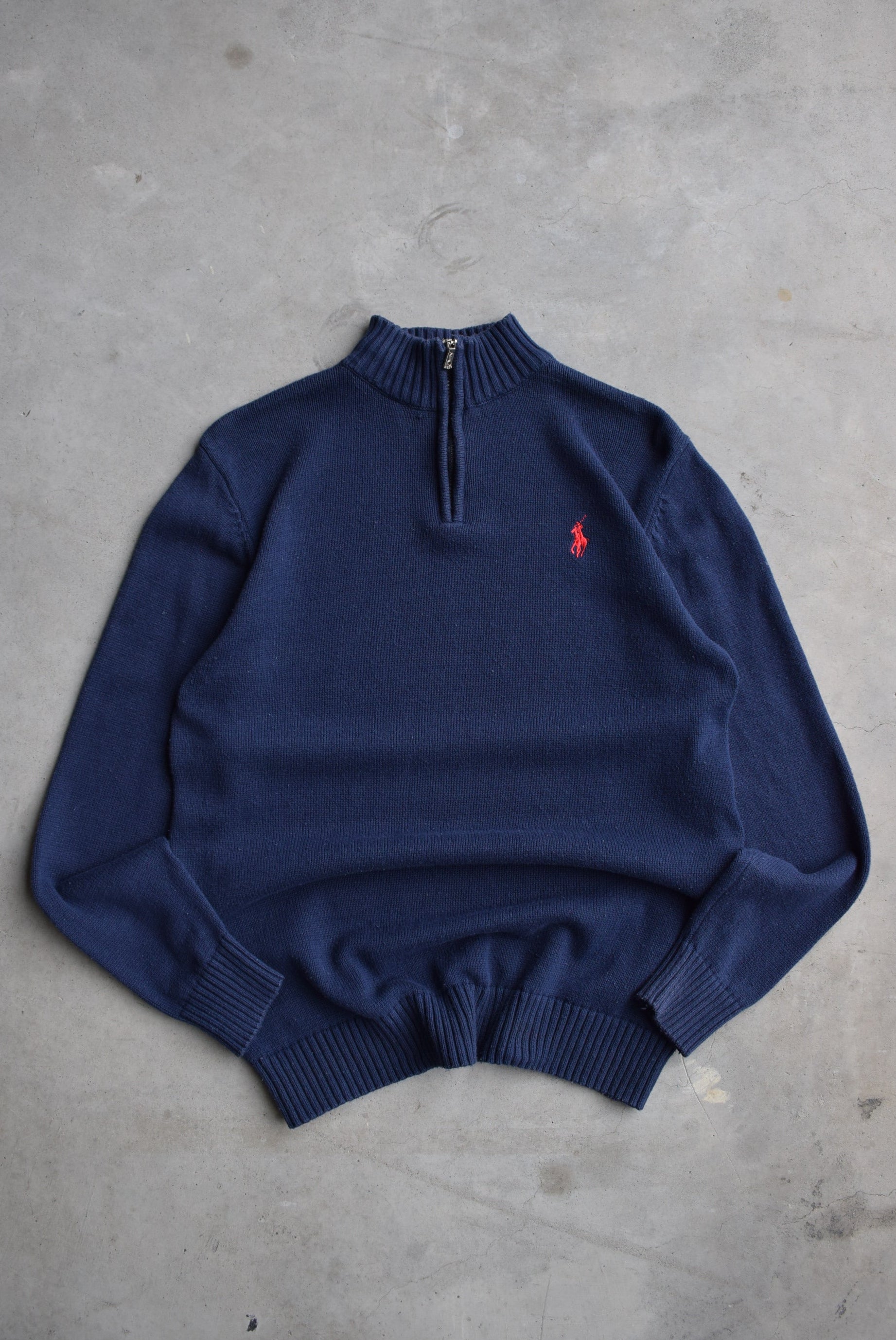 Polo Ralph Lauren Navy Embroidered Knitted Quarter Zip — 1990s (L