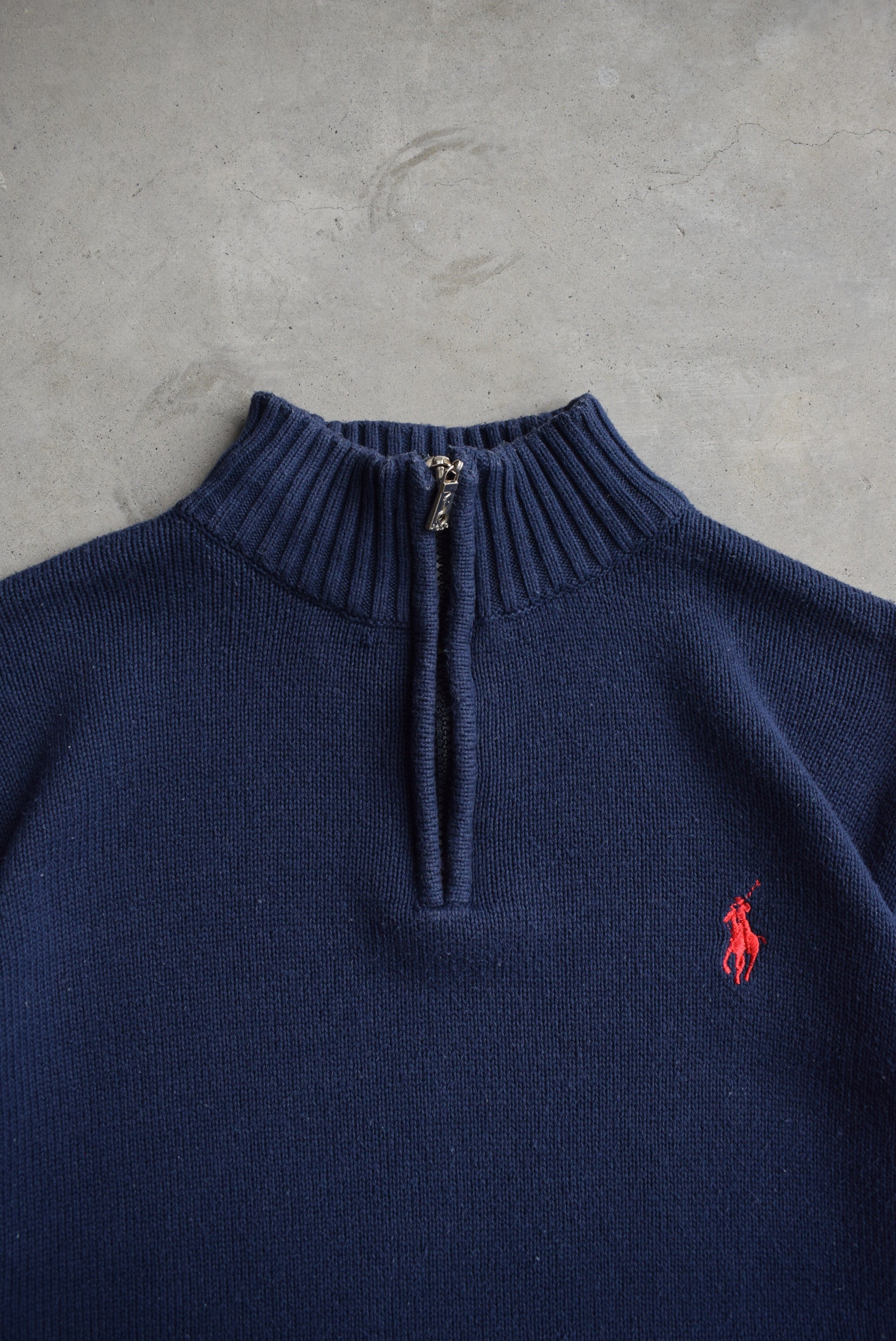 Polo Ralph Lauren Navy Embroidered Knitted Quarter Zip — 1990s (L