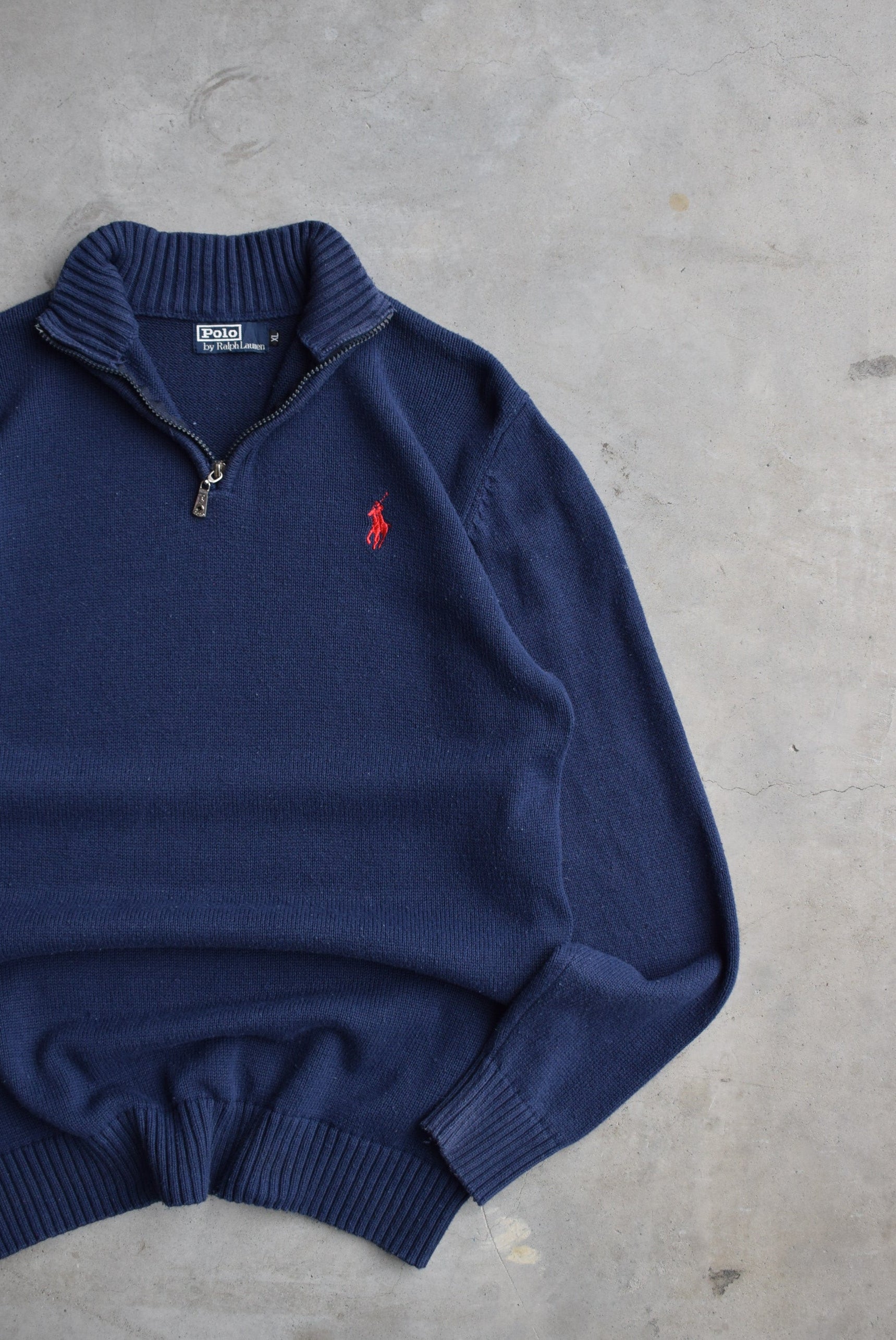 Polo Ralph Lauren Navy Embroidered Knitted Quarter Zip — 1990s (L