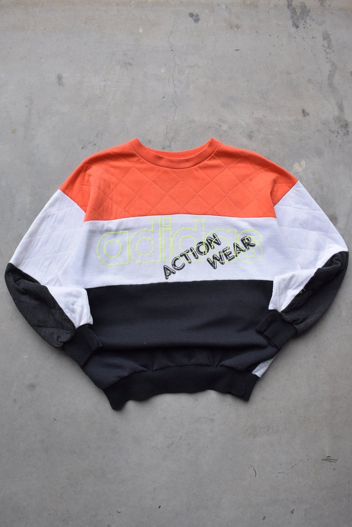 Adidas Action Wear Black & Orange Embroidered Spellout Crewneck — 1980s (M) - Retrospective Store