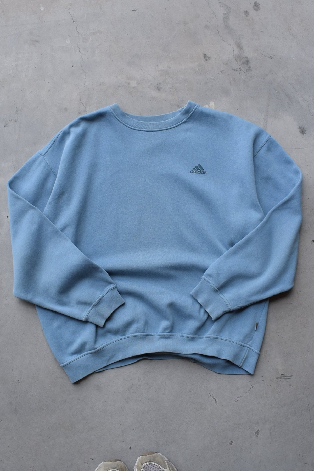 Adidas Baby-Blue Embroidered Spellout Crewneck — 1990s (L/XL) - Retrospective Store