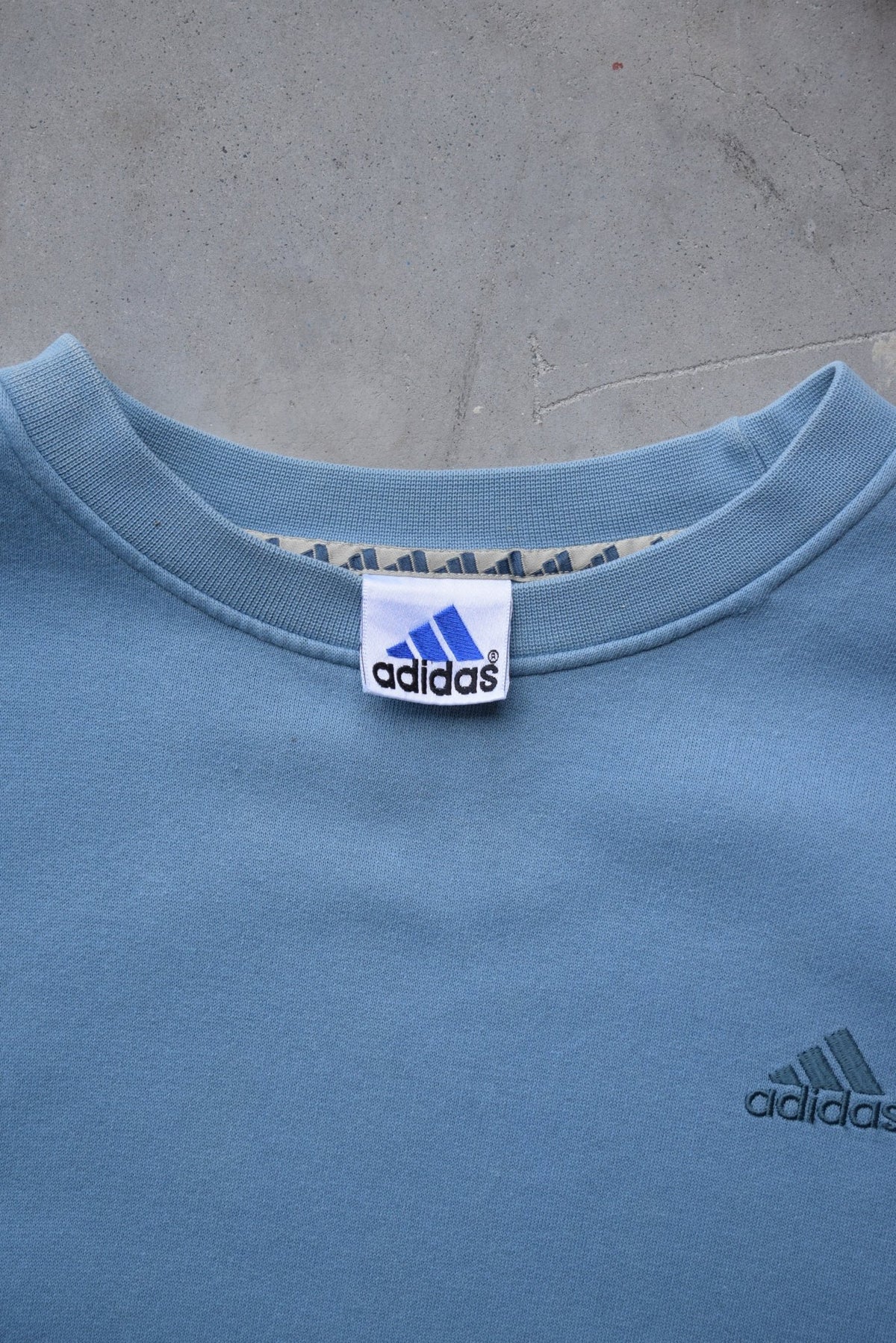 Adidas Baby-Blue Embroidered Spellout Crewneck — 1990s (L/XL) - Retrospective Store