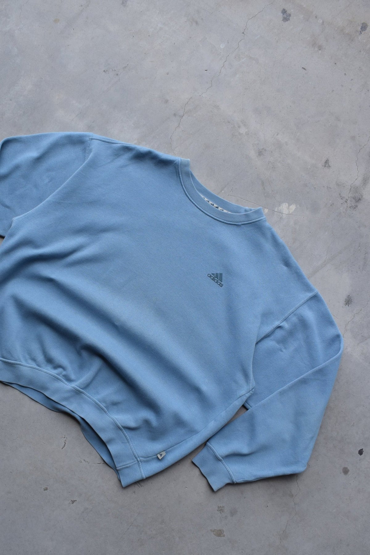 Adidas Baby-Blue Embroidered Spellout Crewneck — 1990s (L/XL) - Retrospective Store