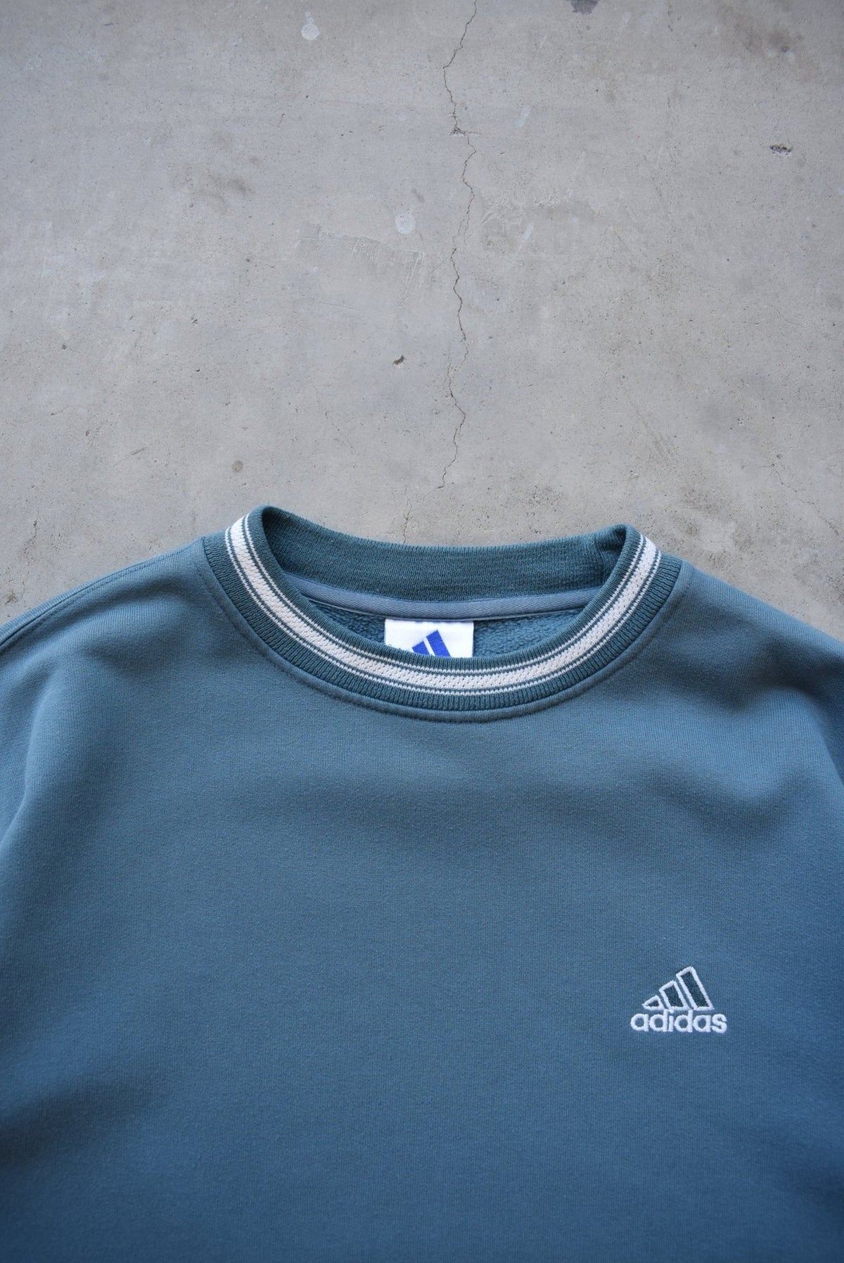 Adidas Blue Embroidered Spellout Crewneck — 1990s (L/XL) - Retrospective Store