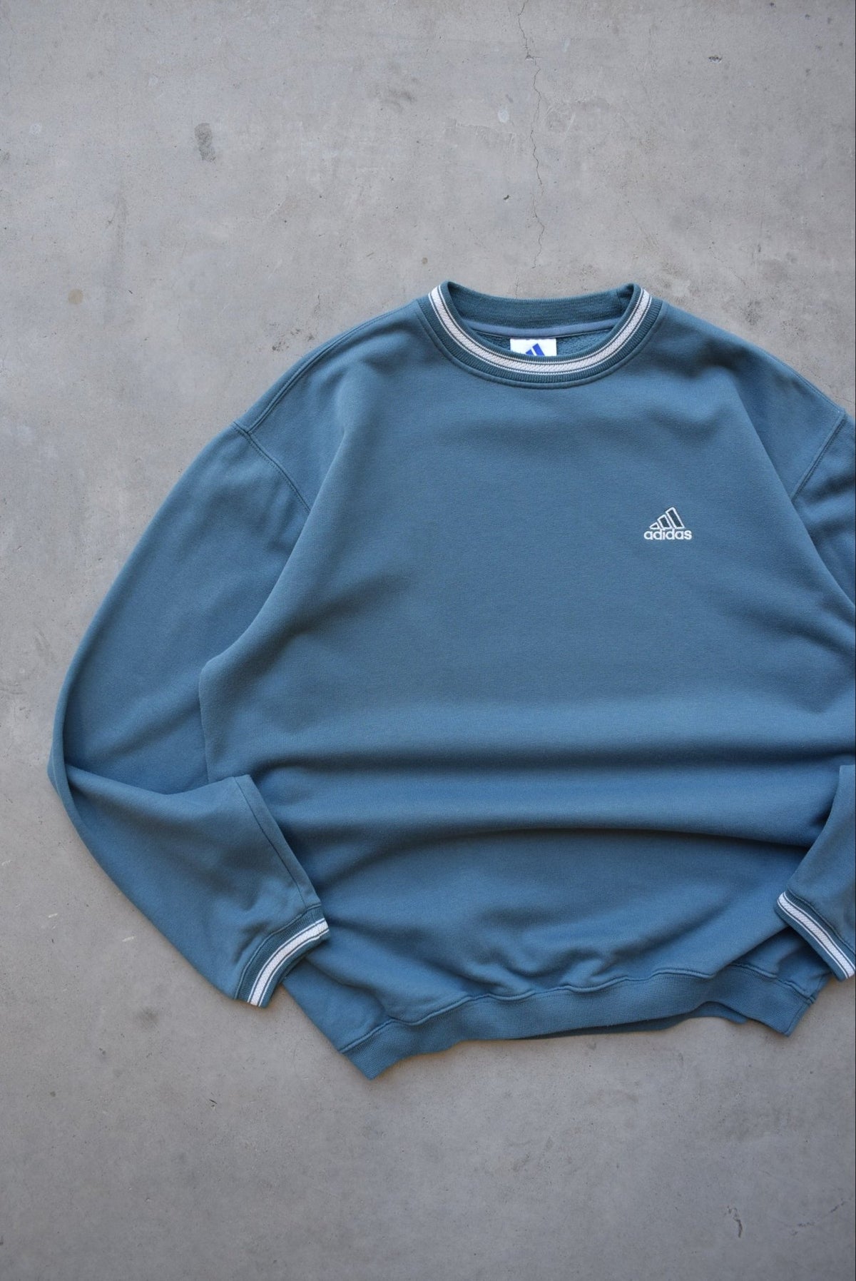Adidas Blue Embroidered Spellout Crewneck — 1990s (L/XL) - Retrospective Store