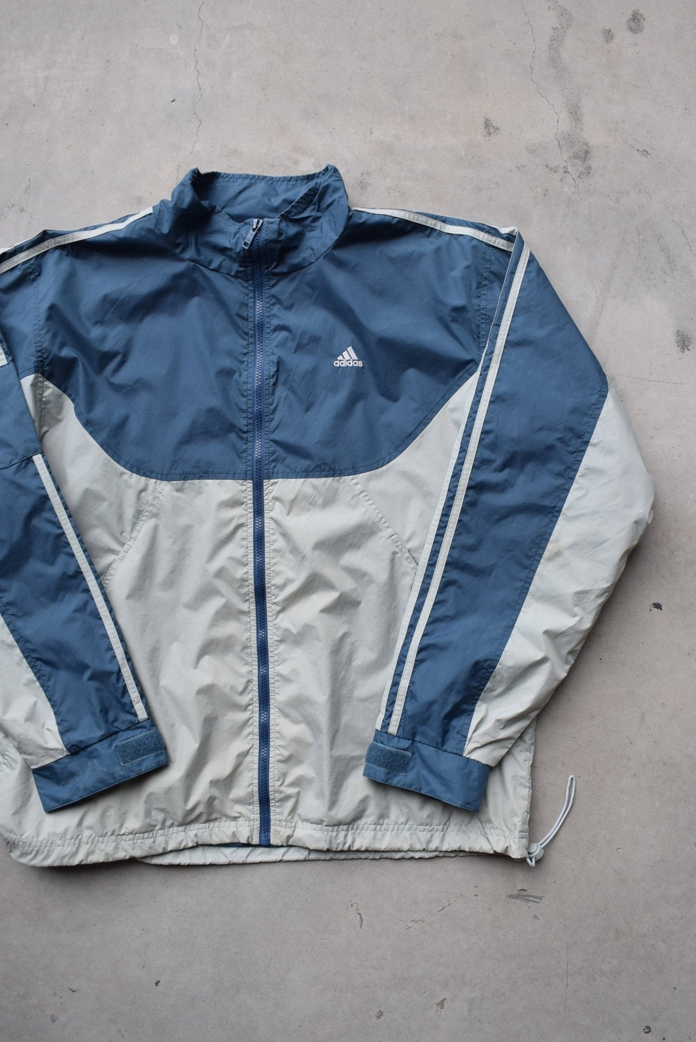 Adidas Blue & Grey Embroidered Spellout Jacket — 1990s (L) - Retrospective Store