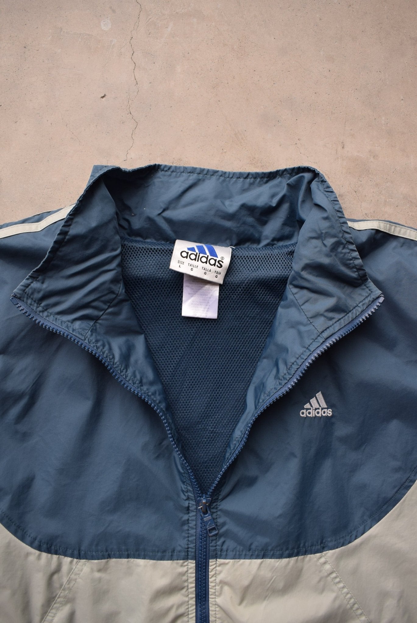 Adidas Blue & Grey Embroidered Spellout Jacket — 1990s (L) - Retrospective Store