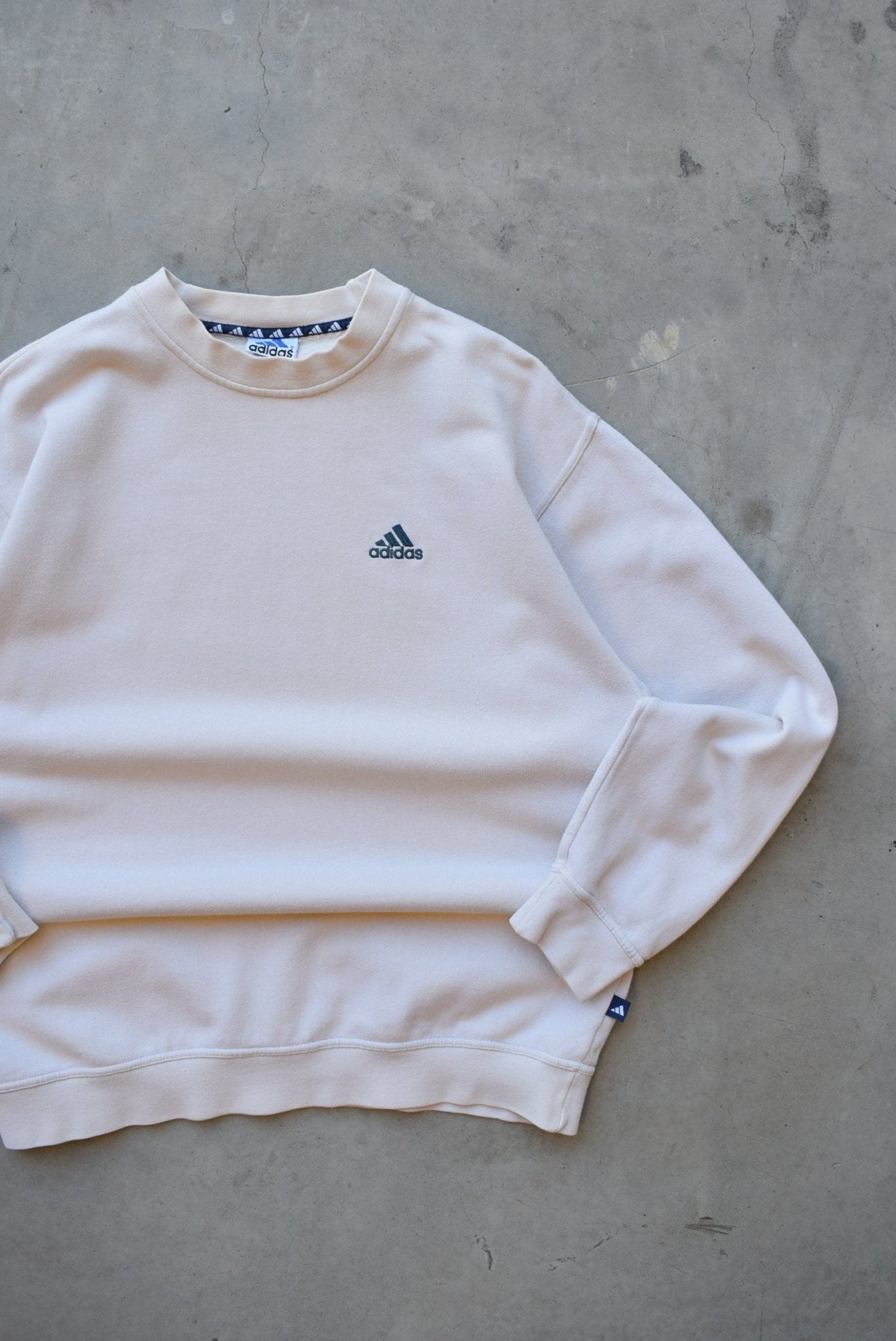 Adidas Cream Embroidered Spellout Crewneck — 1990s (M/L) - Retrospective Store