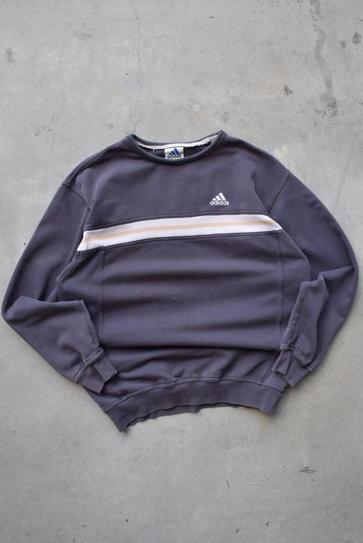 Adidas Faded-Black Embroidered Spellout Crewneck — 1990s (M) - Retrospective Store