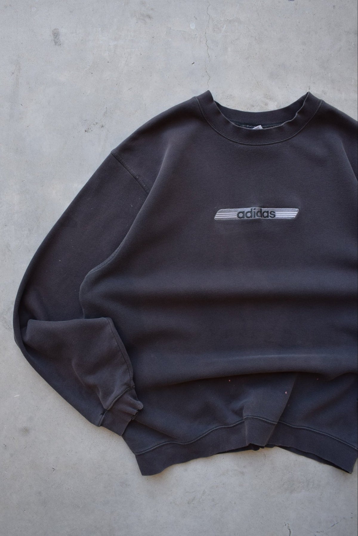 Adidas Faded-Black Embroidered Spellout Crewneck — 1990s (XXL) - Retrospective Store