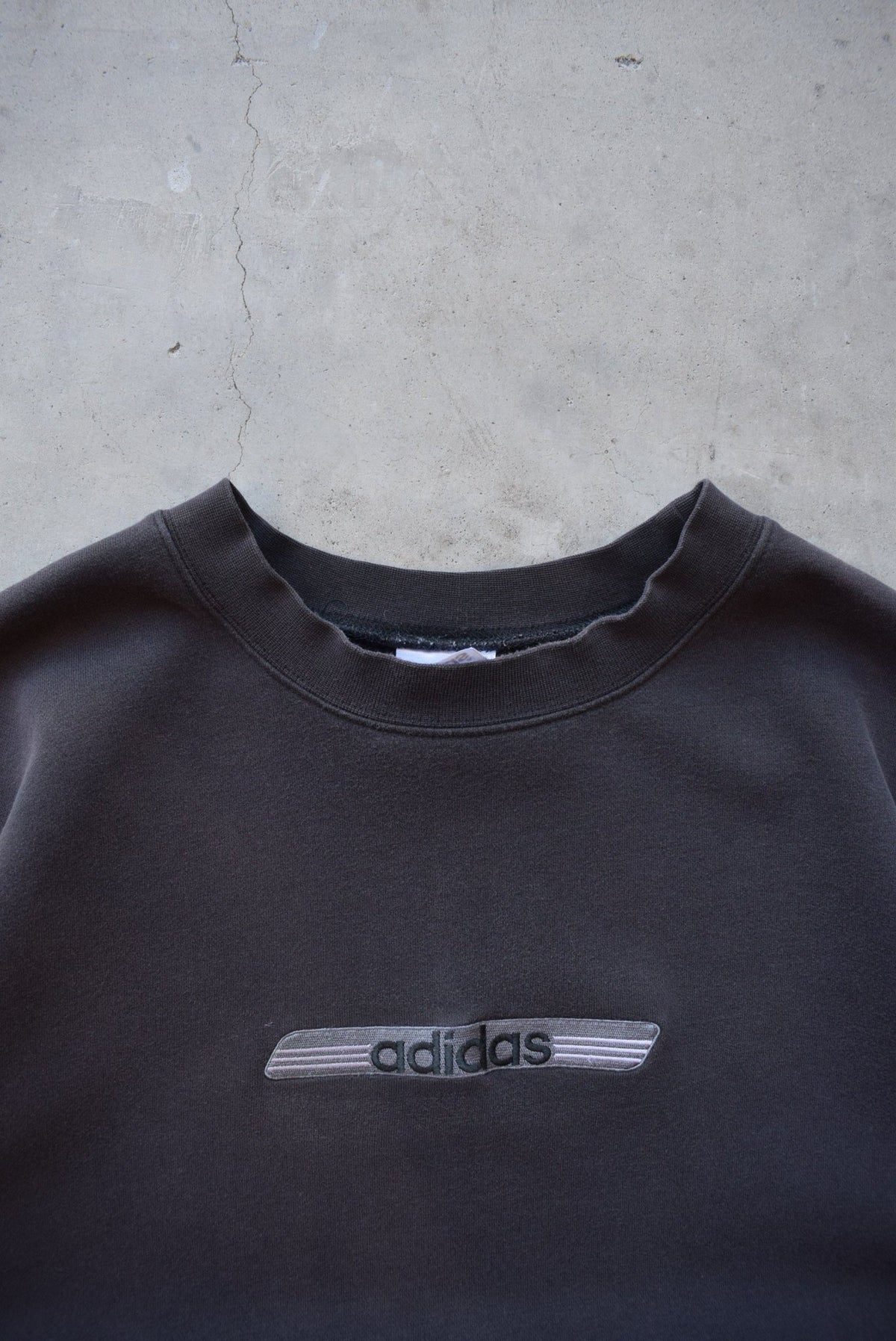 Adidas Faded-Black Embroidered Spellout Crewneck — 1990s (XXL) - Retrospective Store