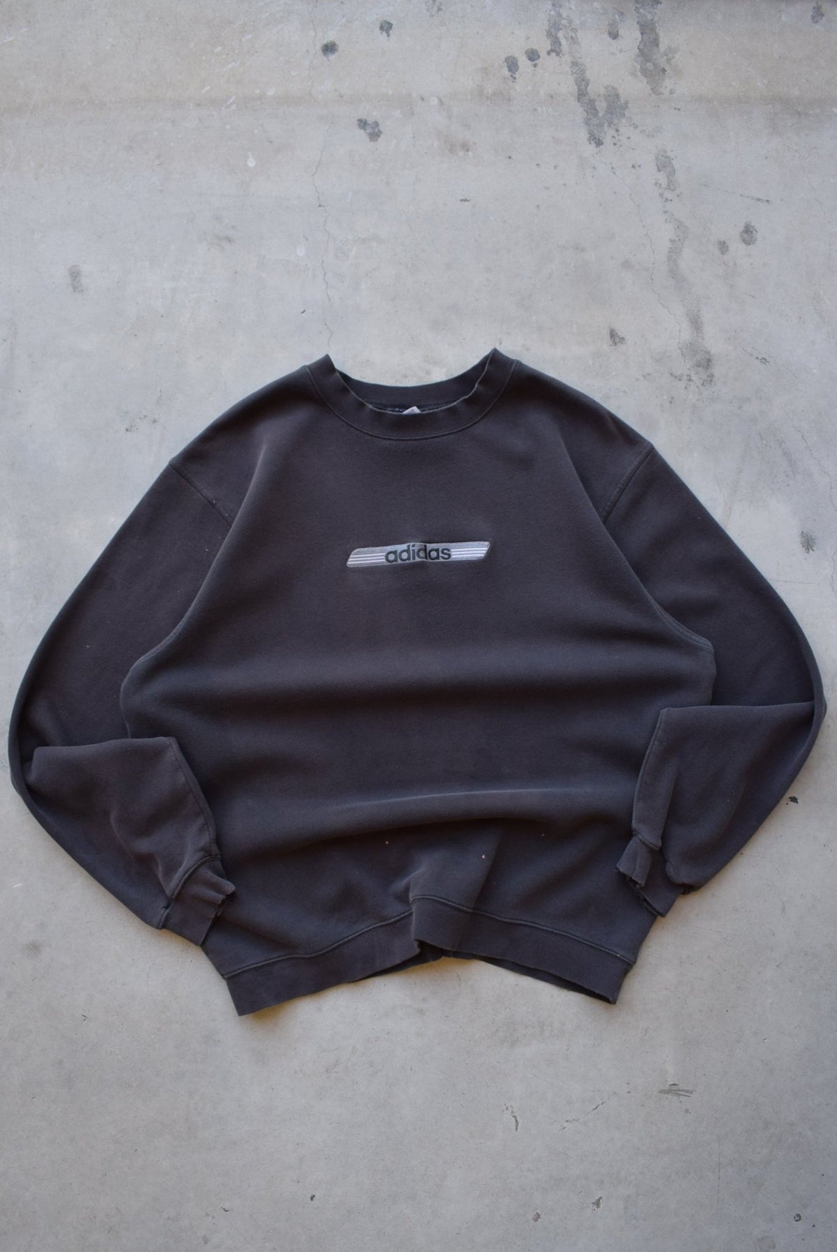 Adidas Faded-Black Embroidered Spellout Crewneck — 1990s (XXL) - Retrospective Store