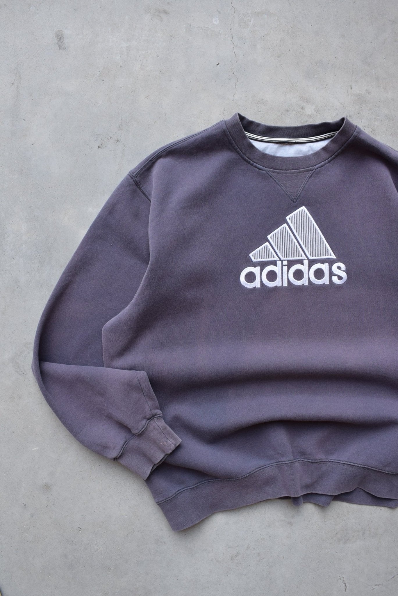 Adidas Faded-Black Embroidered Spellout Crewneck — 2000s (XL) - Retrospective Store