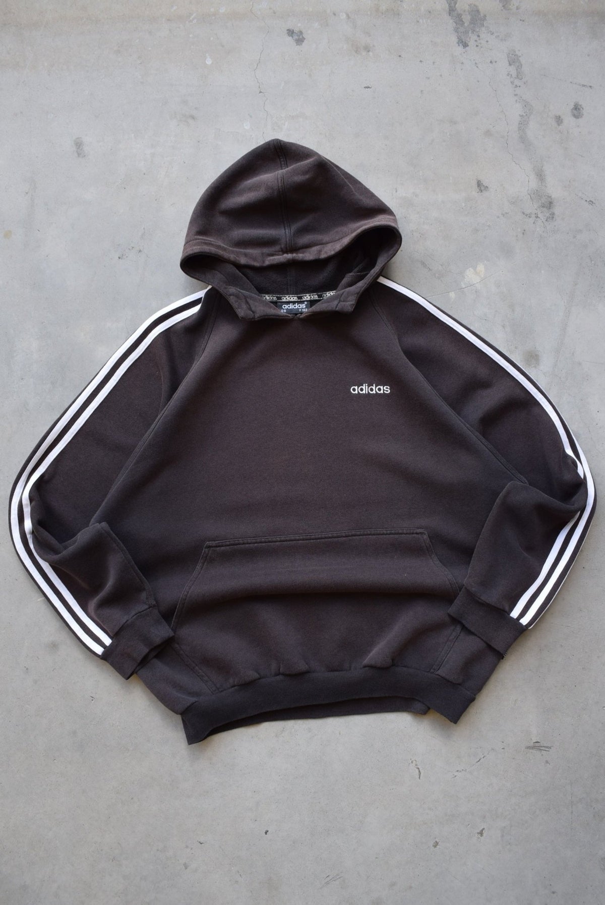 Adidas Faded-Black Embroidered Spellout Hoodie — 1990s (XL) - Retrospective Store