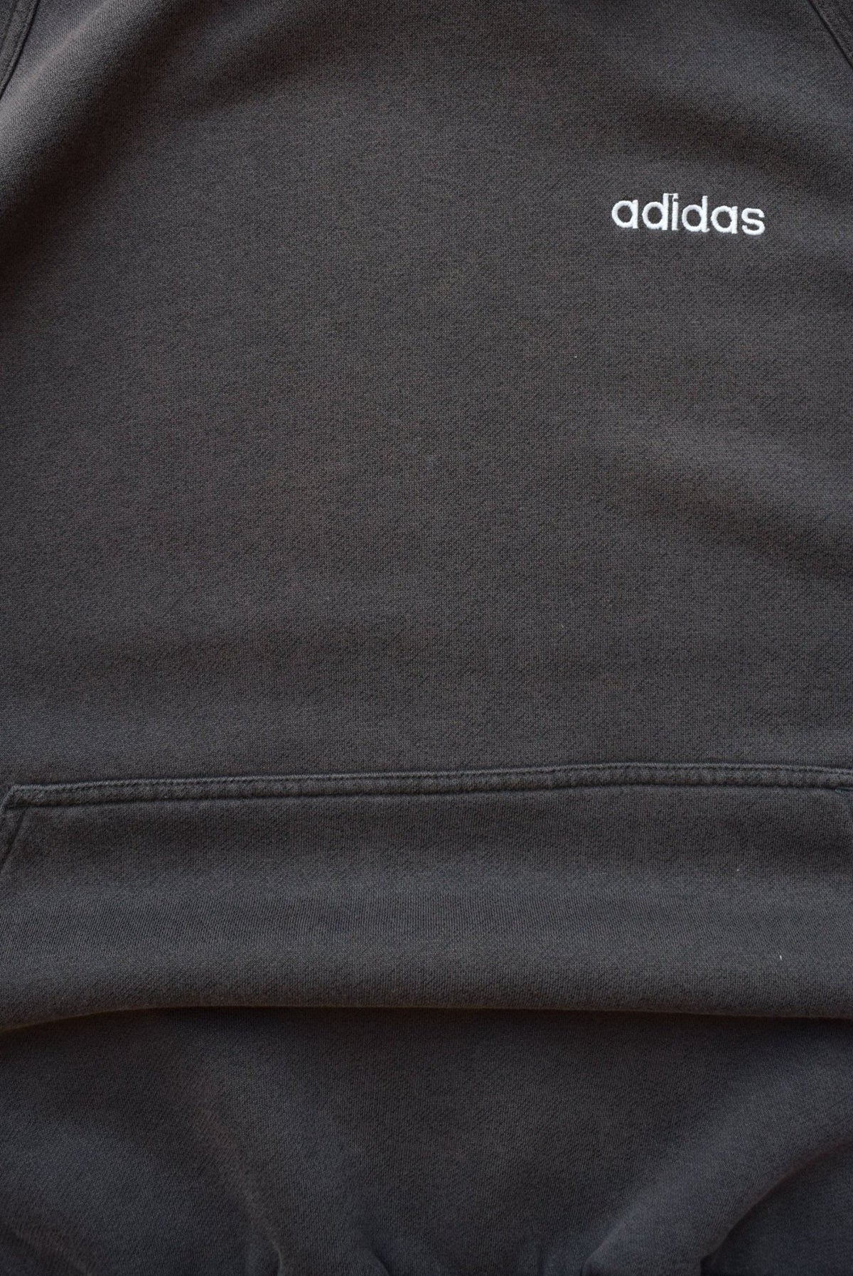 Adidas Faded-Black Embroidered Spellout Hoodie — 1990s (XL) - Retrospective Store