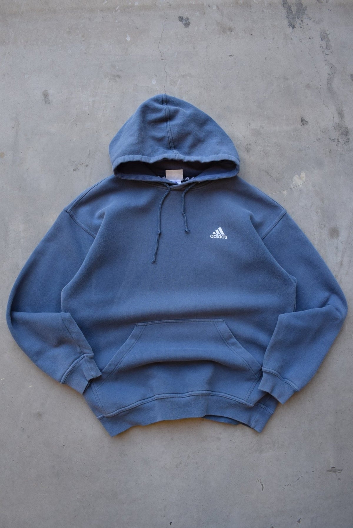 Adidas Faded-Blue Embroidered Logo Hoodie — 1990s (M) - Retrospective Store