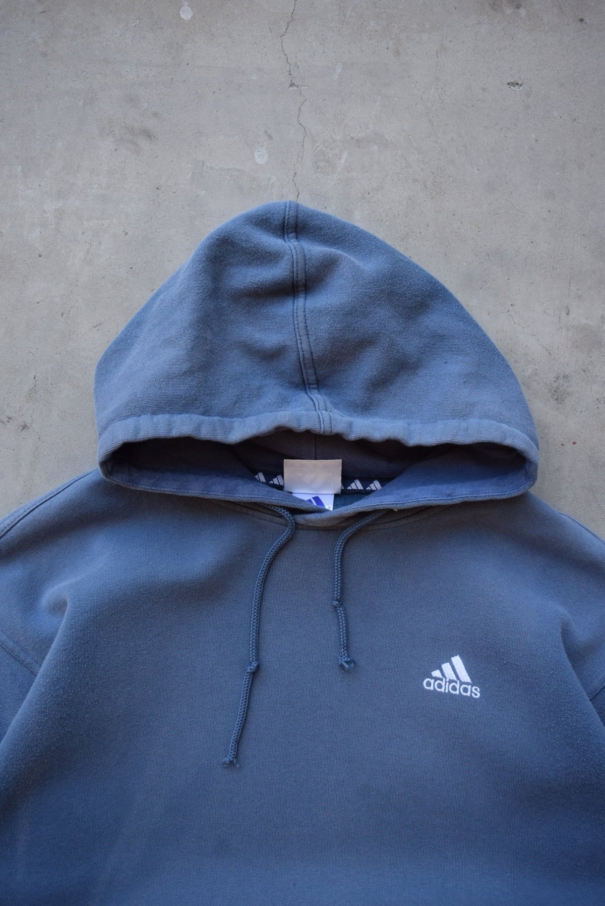 Adidas Faded-Blue Embroidered Logo Hoodie — 1990s (M) - Retrospective Store