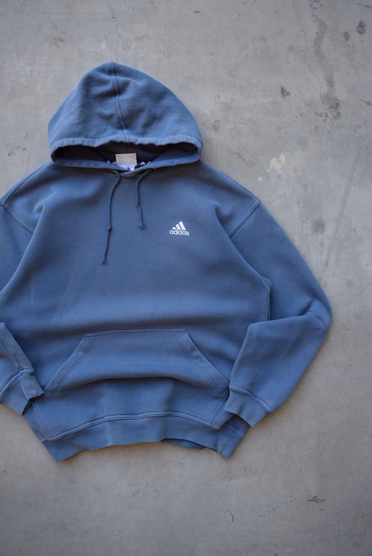 Adidas Faded-Blue Embroidered Logo Hoodie — 1990s (M) - Retrospective Store